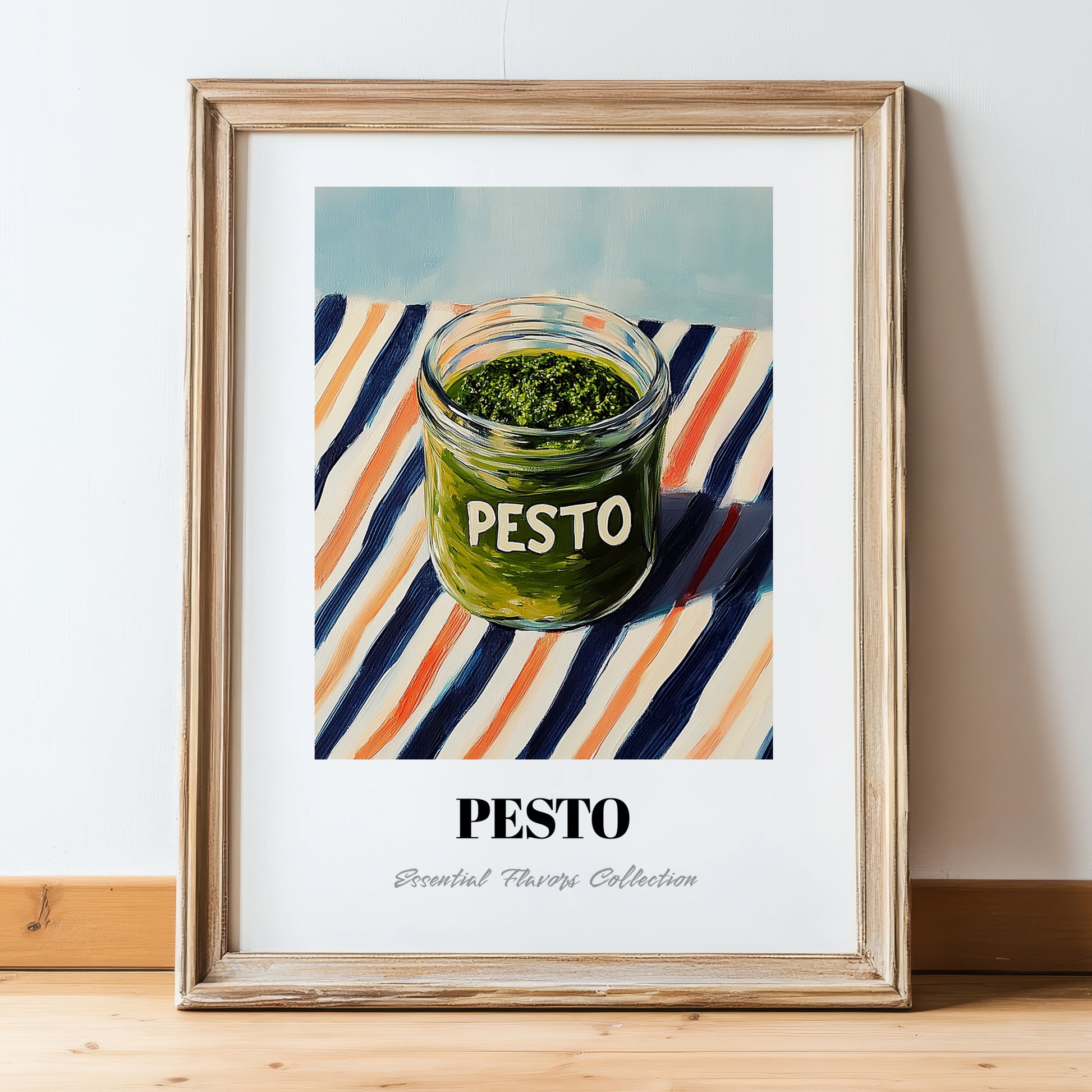 Green Pesto – on Striped Tablecloth, Pantry Print, in wooden frame leaning on the floor