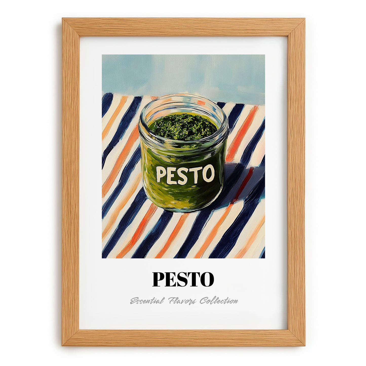 Green Pesto – on Striped Tablecloth, Pantry Print, set in oak frame