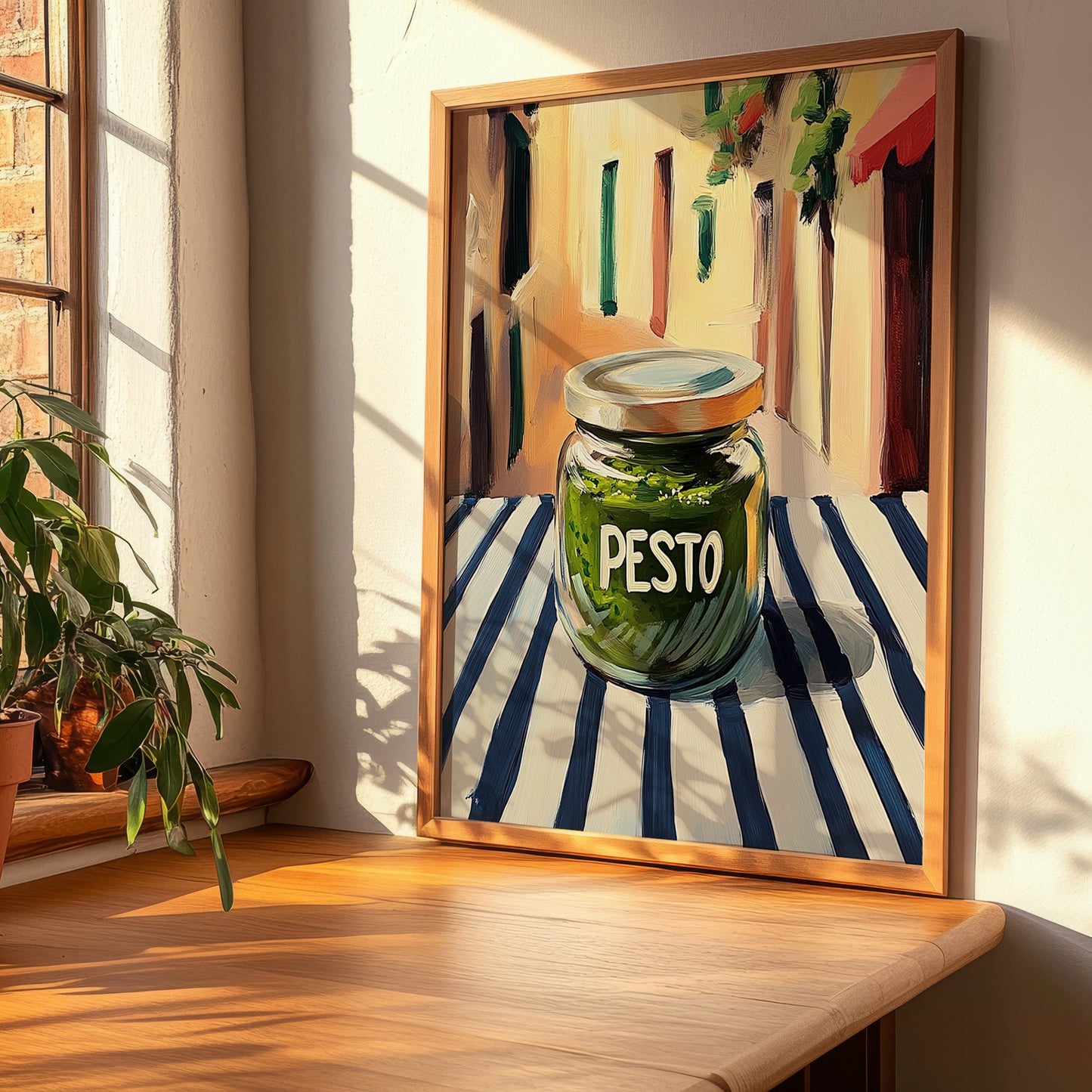 Green Pesto – Italian Outdoor Café Scene, Food Shelf Print, clean layout with no caption