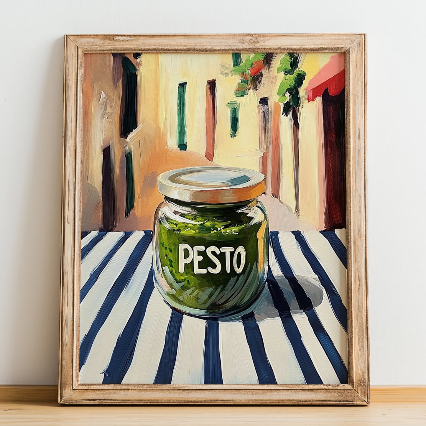 Green Pesto – Italian Outdoor Café Scene, Food Shelf Print, no-text version framed in wood