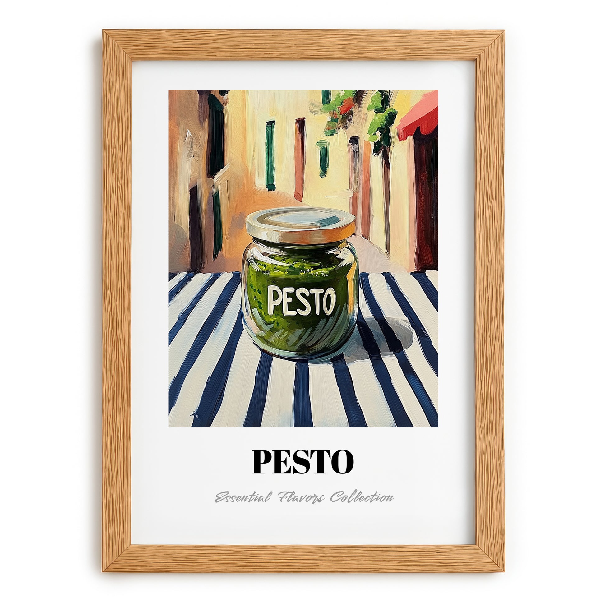Green Pesto – Italian Outdoor Café Scene, Food Shelf Print, set in oak frame