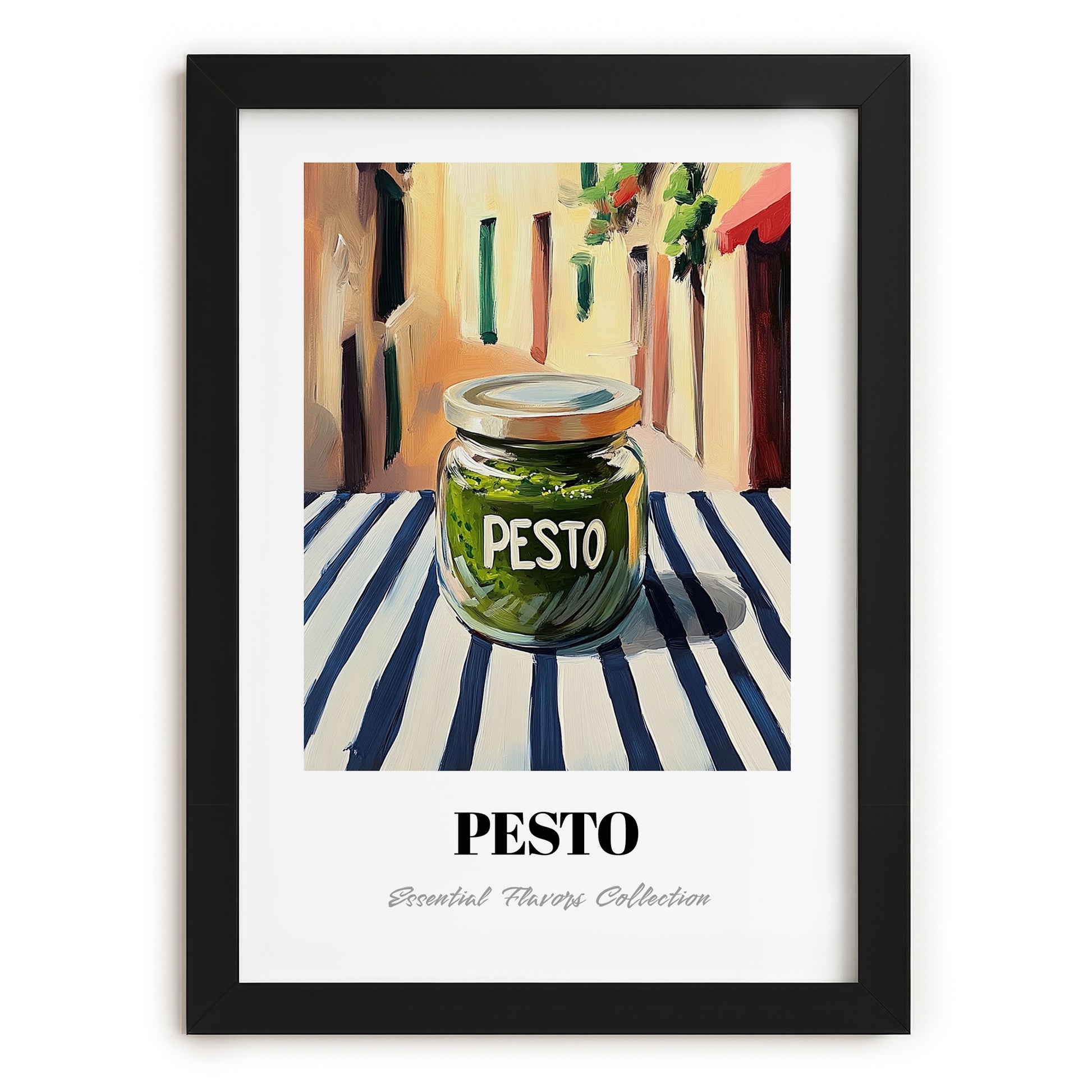 Green Pesto – Italian Outdoor Café Scene, Food Shelf Print, in sleek black frame