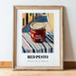 Red Pesto – Italian Café on the Corner, Grocery Still Life, in wooden frame leaning on the floor