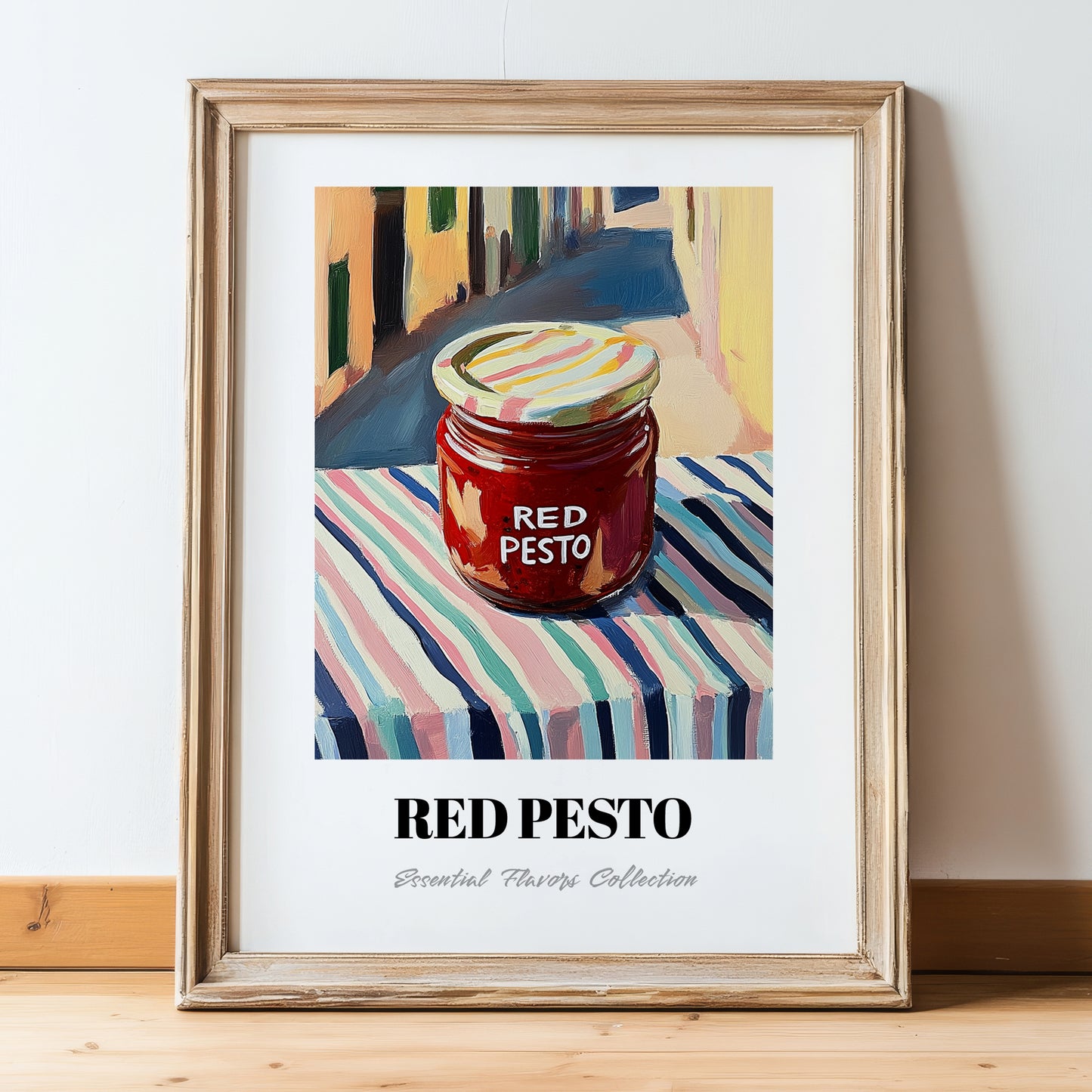 Red Pesto – Italian Café on the Corner, Grocery Still Life, in wooden frame leaning on the floor