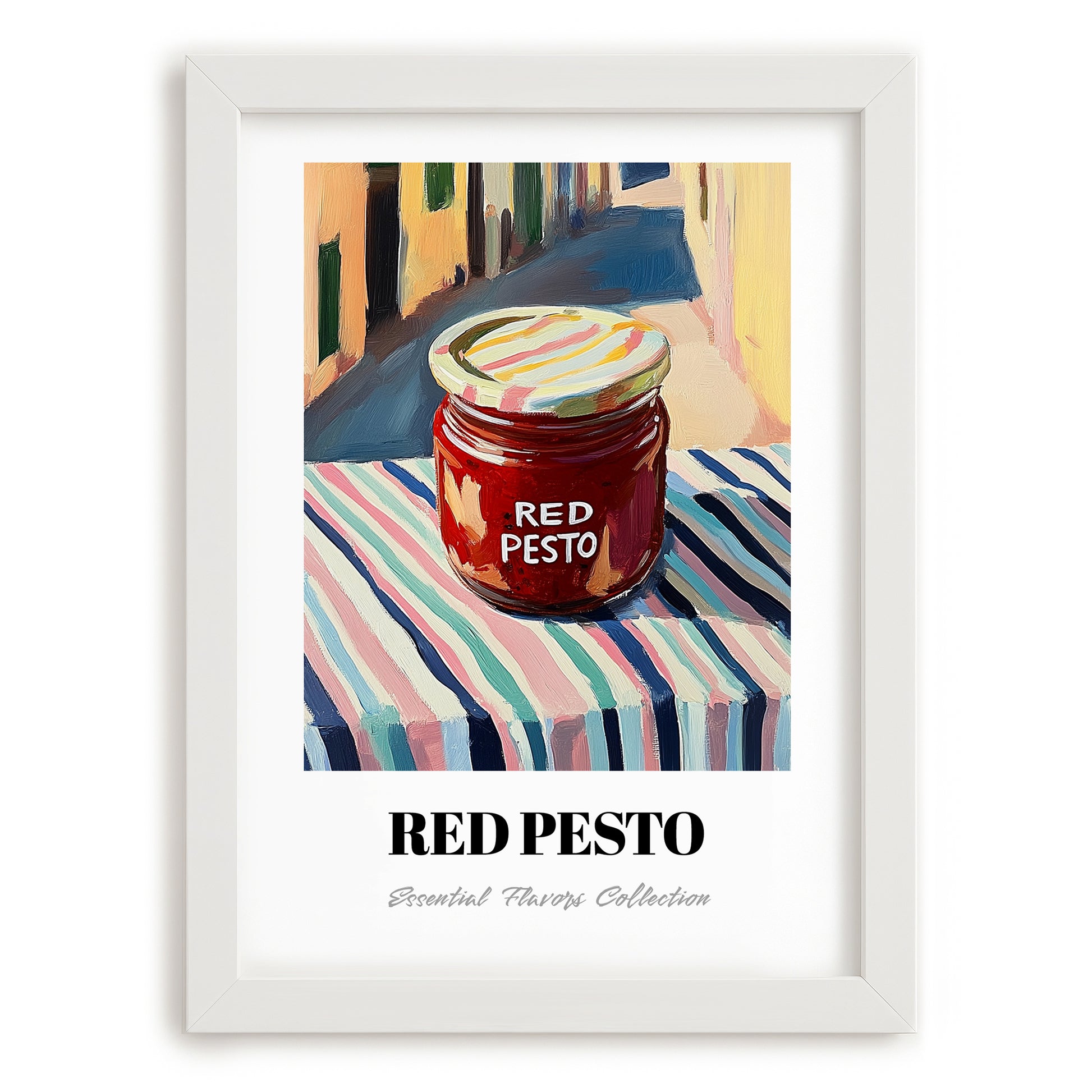 Red Pesto – Italian Café on the Corner, Grocery Still Life, placed in minimal white frame