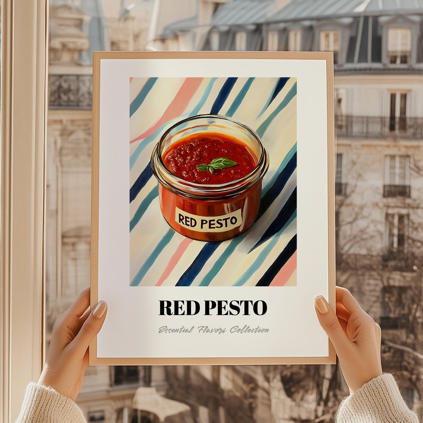 Red Pesto – on Striped Tablecloth, Larder Still Life, styled in a charming Paris street view