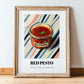 Red Pesto – on Striped Tablecloth, Larder Still Life, in wooden frame leaning on the floor