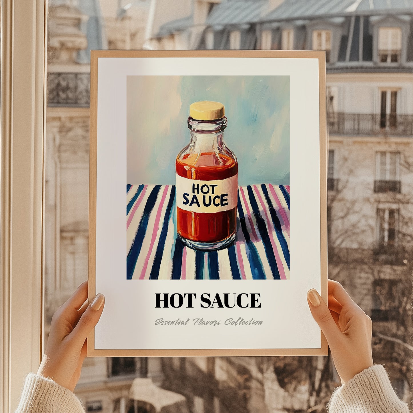 Hot Sauce – on Striped Tablecloth, Bbq Poster, styled in a charming Paris street view