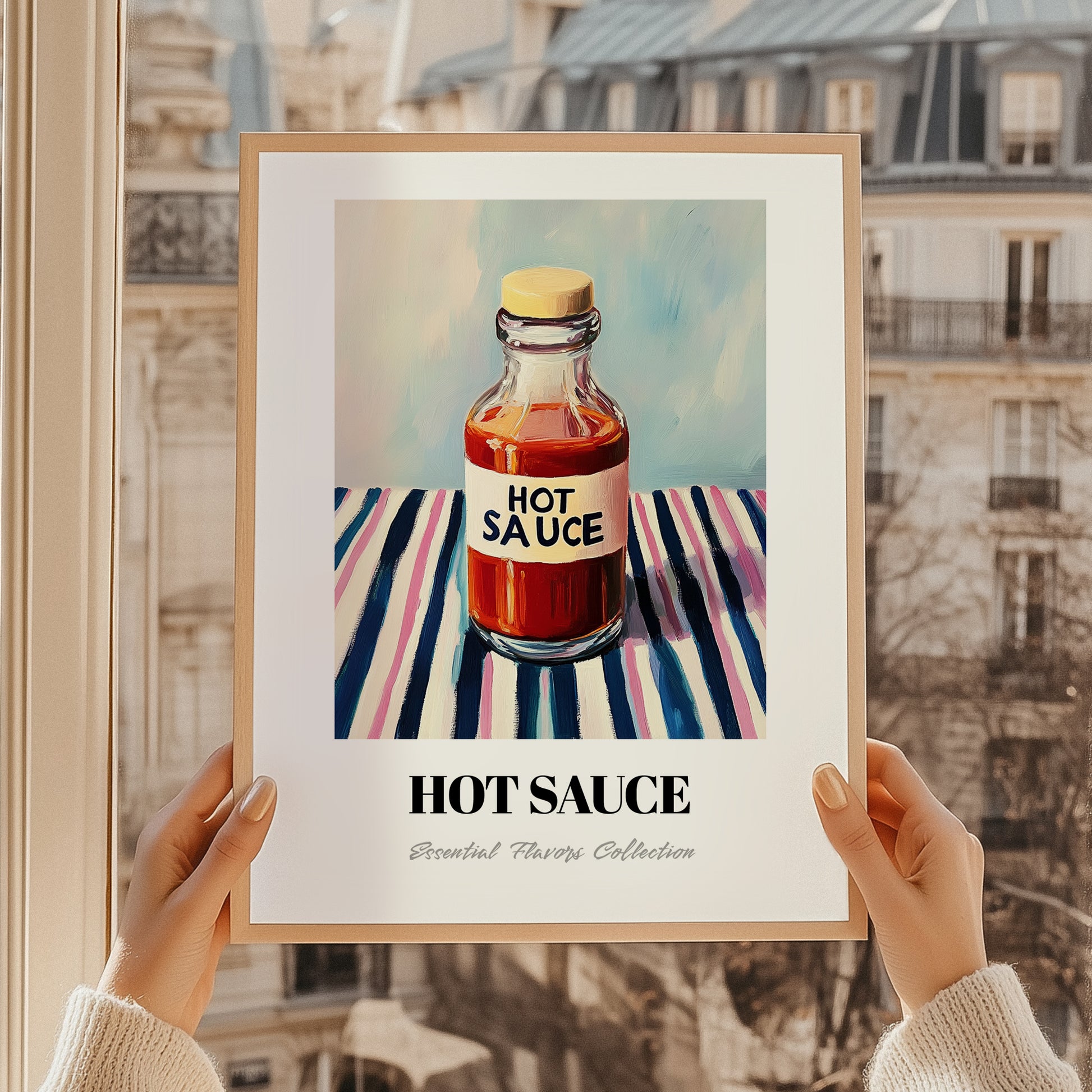 Hot Sauce – on Striped Tablecloth, Bbq Poster, styled in a charming Paris street view