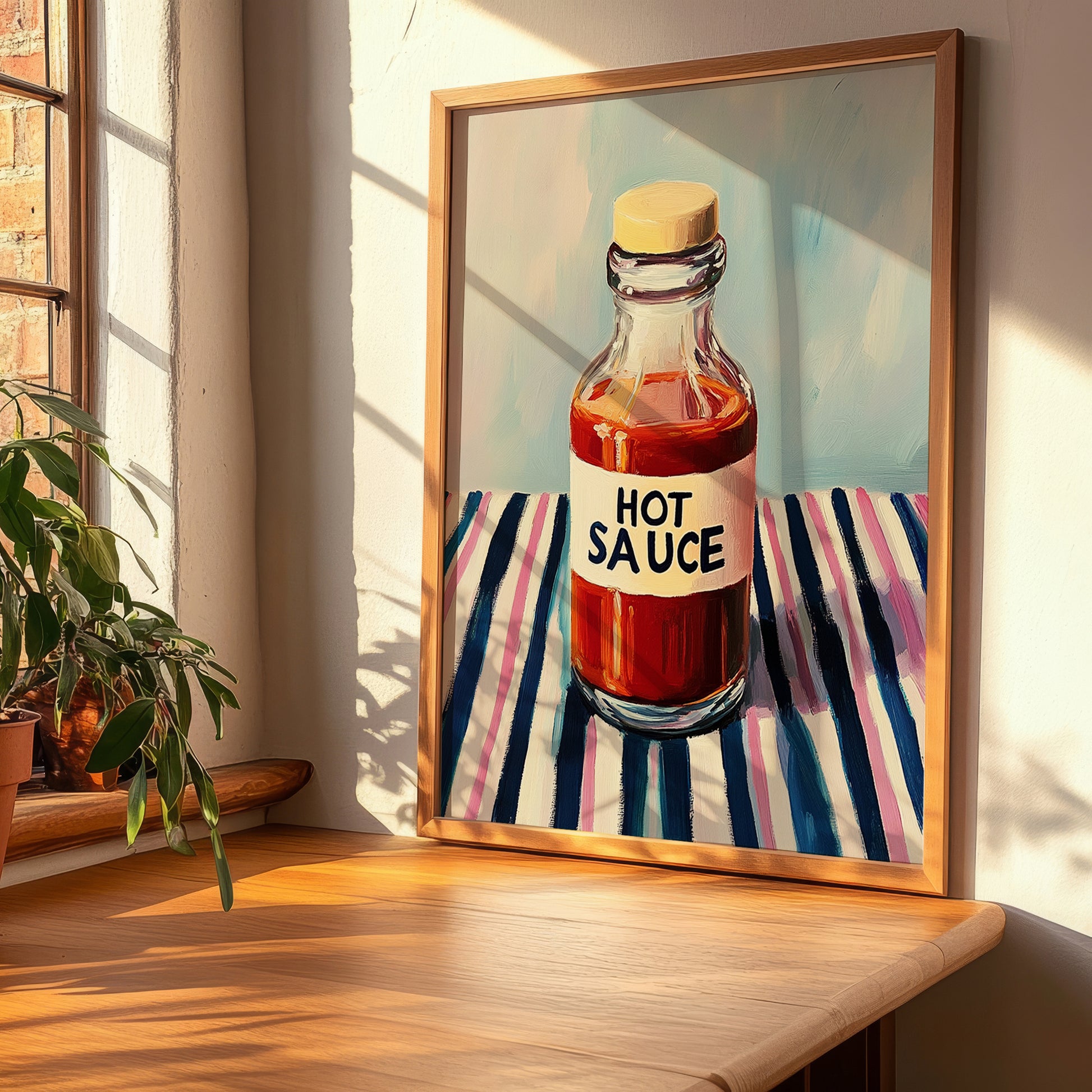 Hot Sauce – on Striped Tablecloth, Bbq Poster, clean layout with no caption