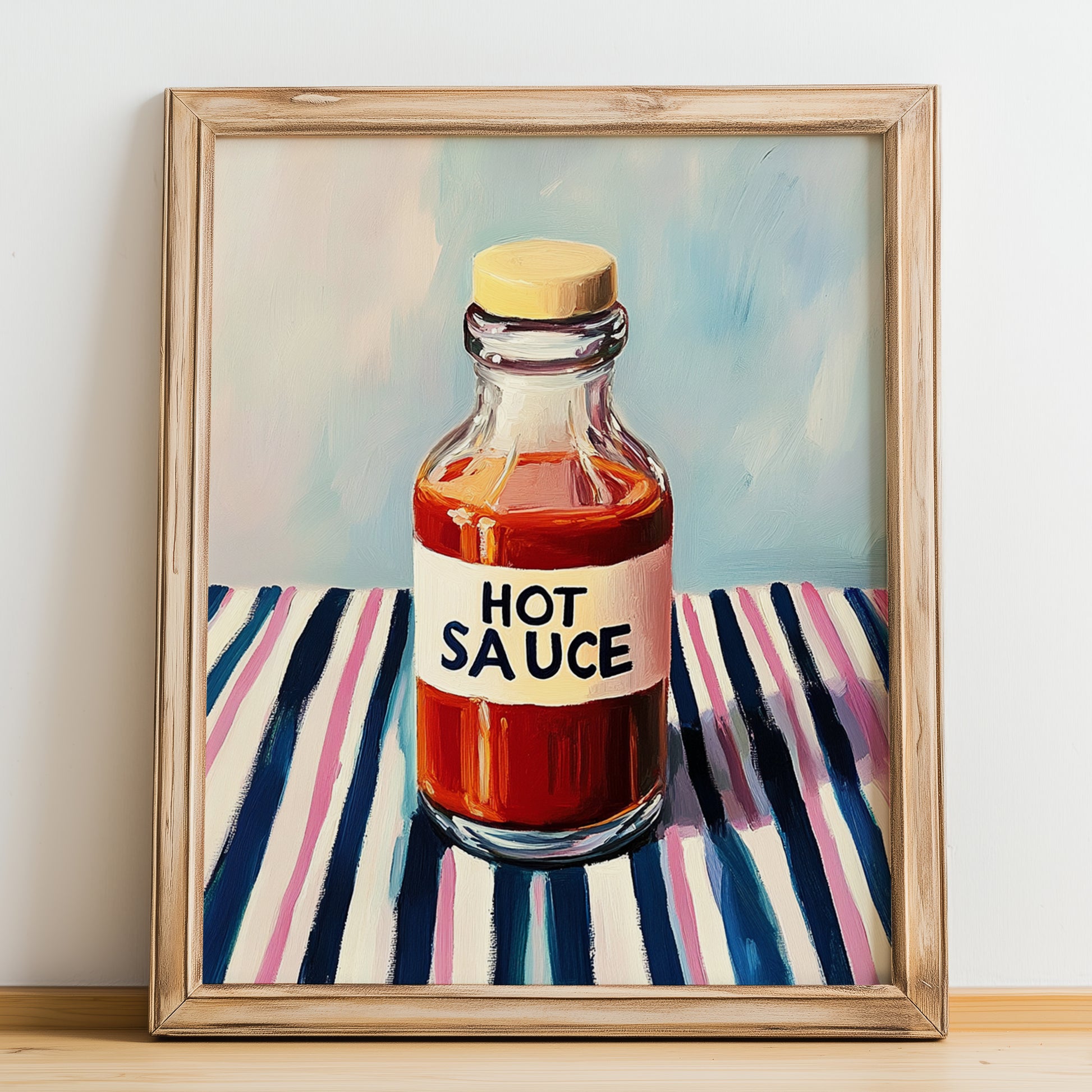 Hot Sauce – on Striped Tablecloth, Bbq Poster, no-text version framed in wood
