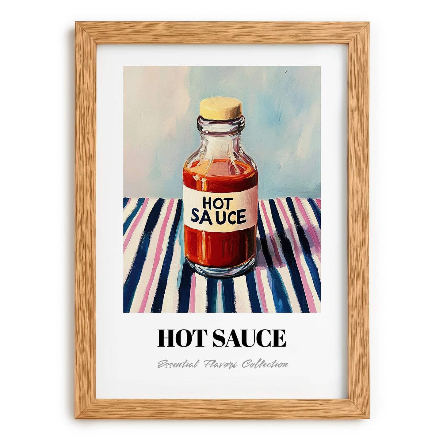 Hot Sauce – on Striped Tablecloth, Bbq Poster, set in oak frame