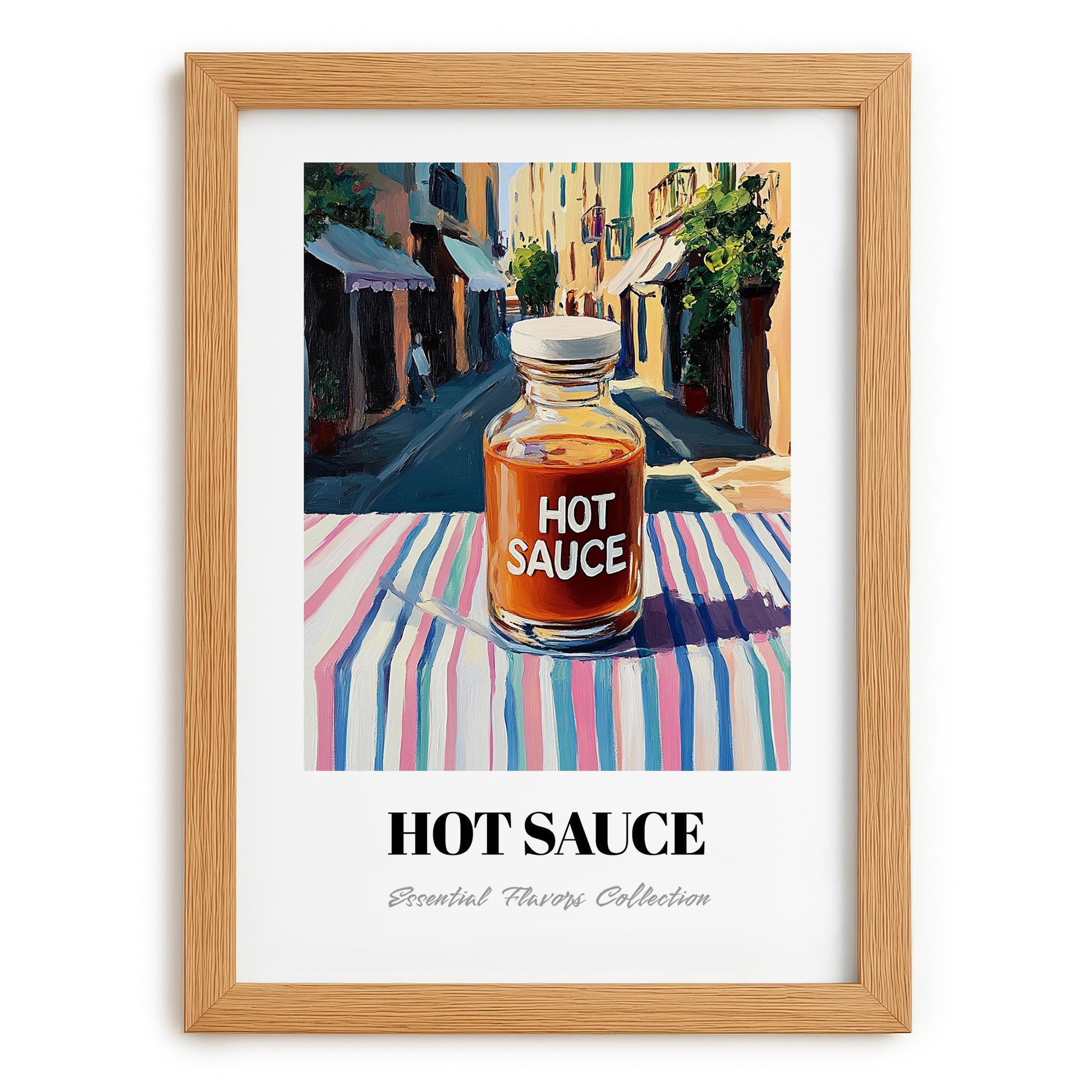 Hot Sauce – Italian Urban Café Scene, Bbq Print, set in oak frame