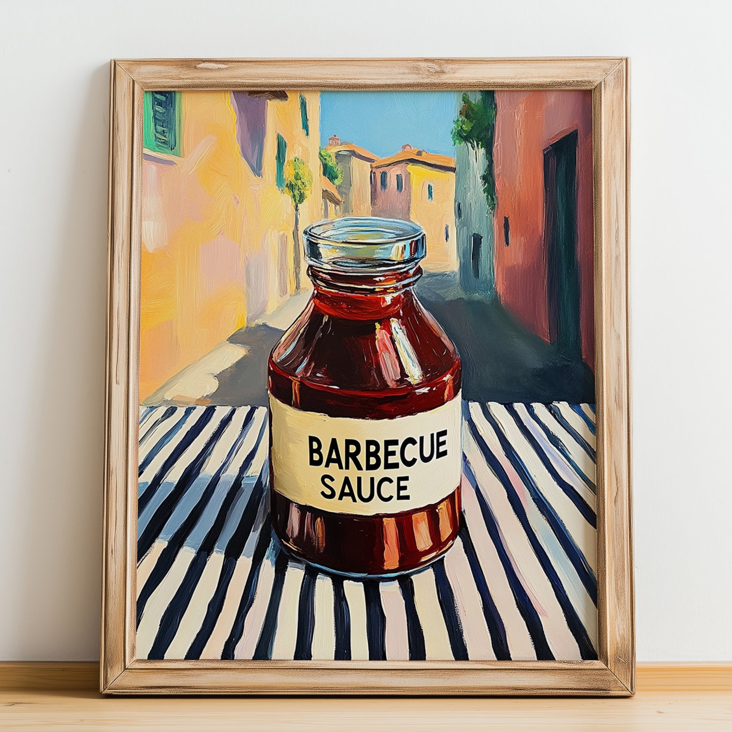 Barbecue Sauce – Italian Street Café Scene, Bbq Illustration, no-text version framed in wood
