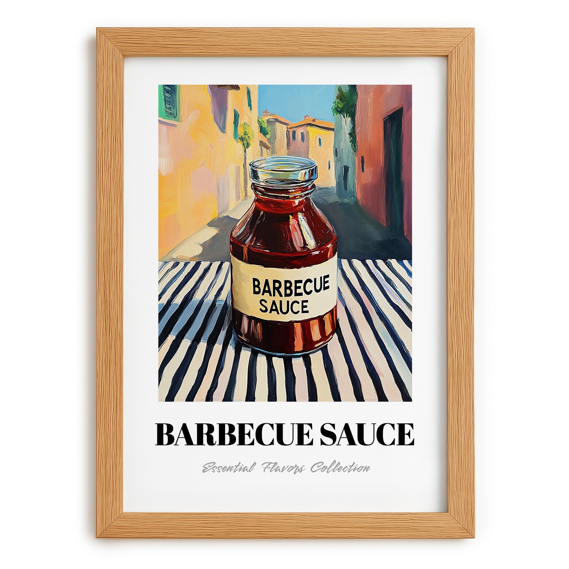 Barbecue Sauce – Italian Street Café Scene, Bbq Illustration, set in oak frame