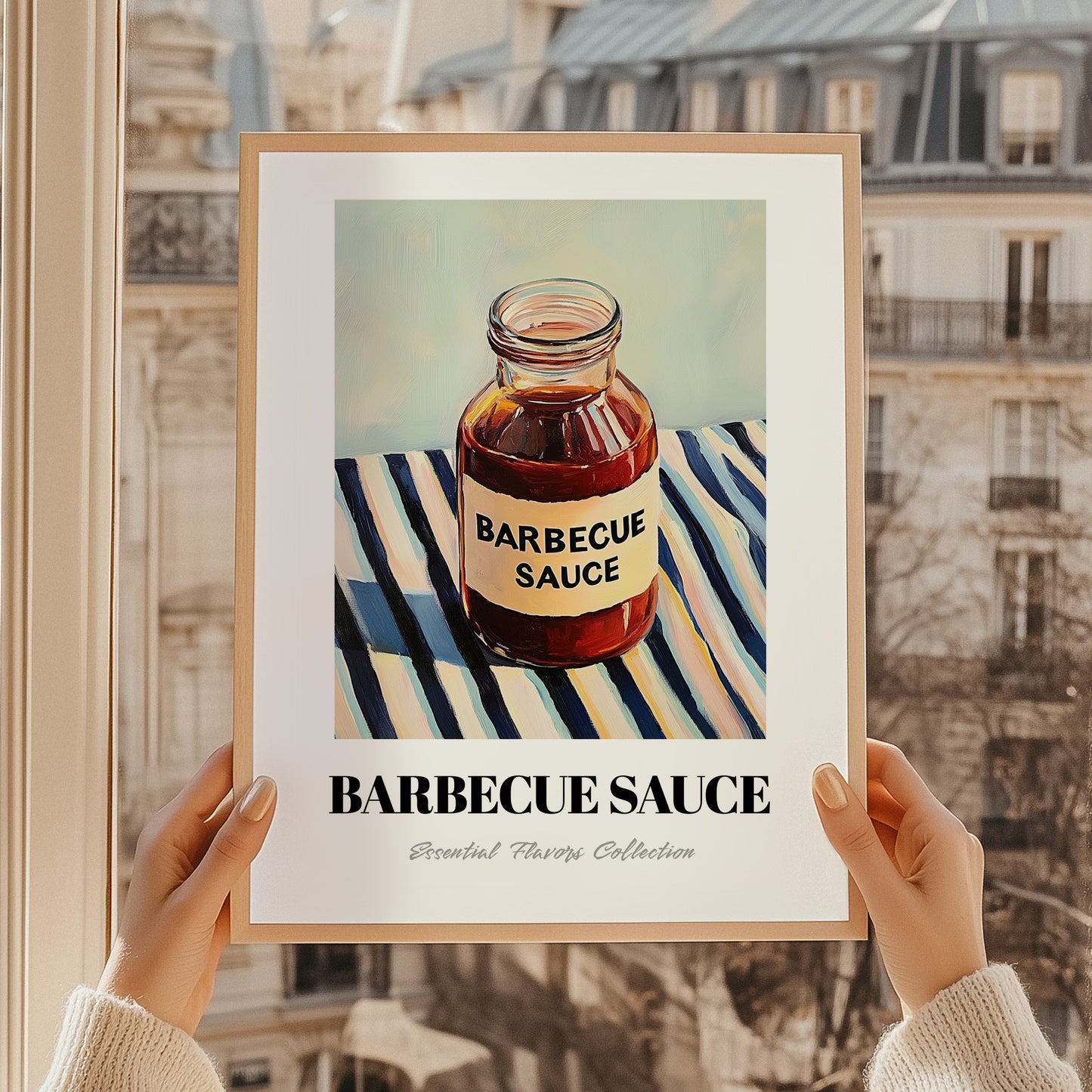 Barbecue Sauce – on Striped Tablecloth, Bbq Still Life, styled in a charming Paris street view