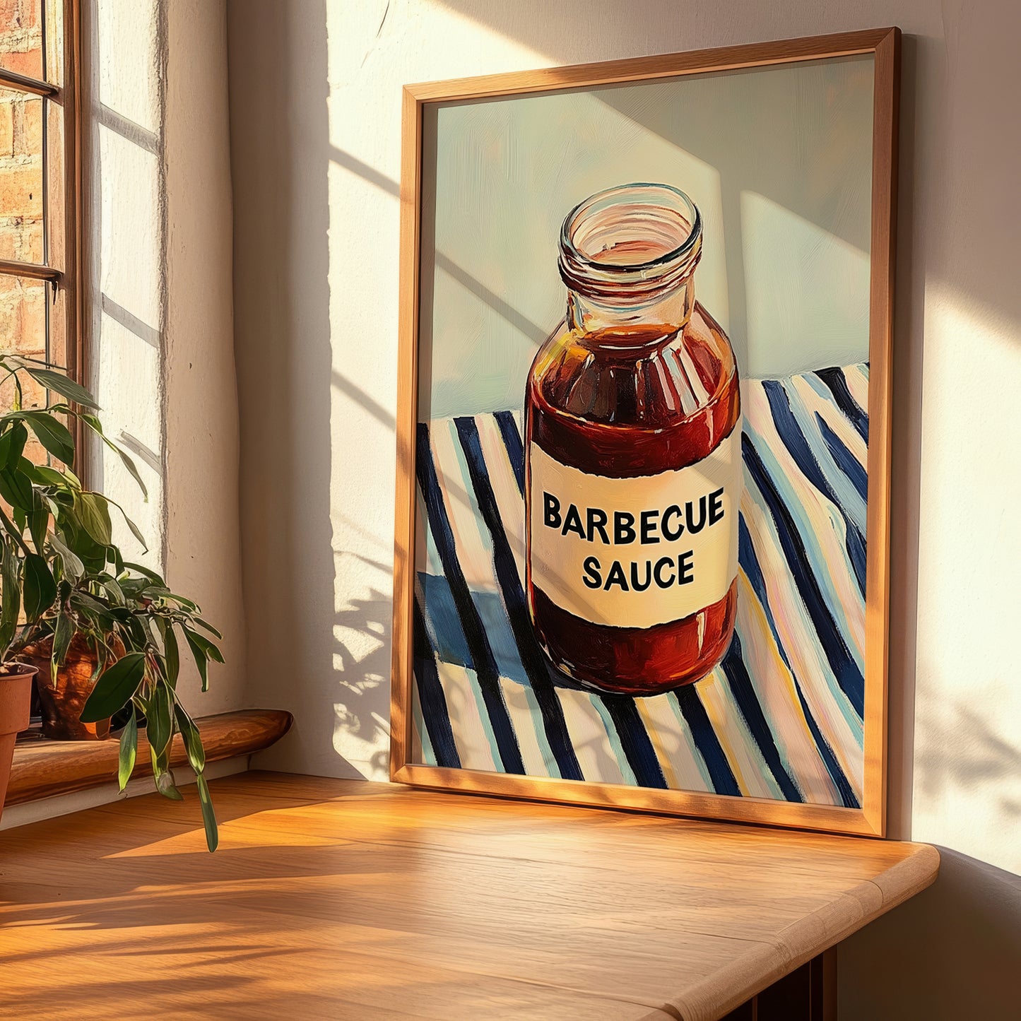 Barbecue Sauce – on Striped Tablecloth, Bbq Still Life, clean layout with no caption