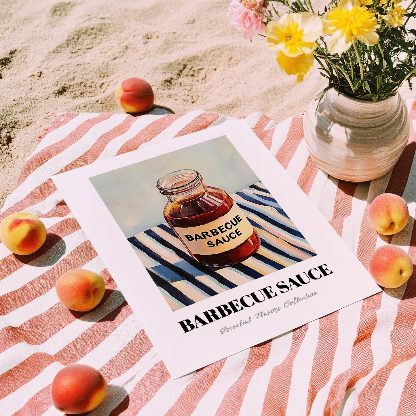 Barbecue Sauce – on Striped Tablecloth, Bbq Still Life, unframed on coastal sand