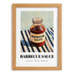 Barbecue Sauce – on Striped Tablecloth, Bbq Still Life, set in oak frame