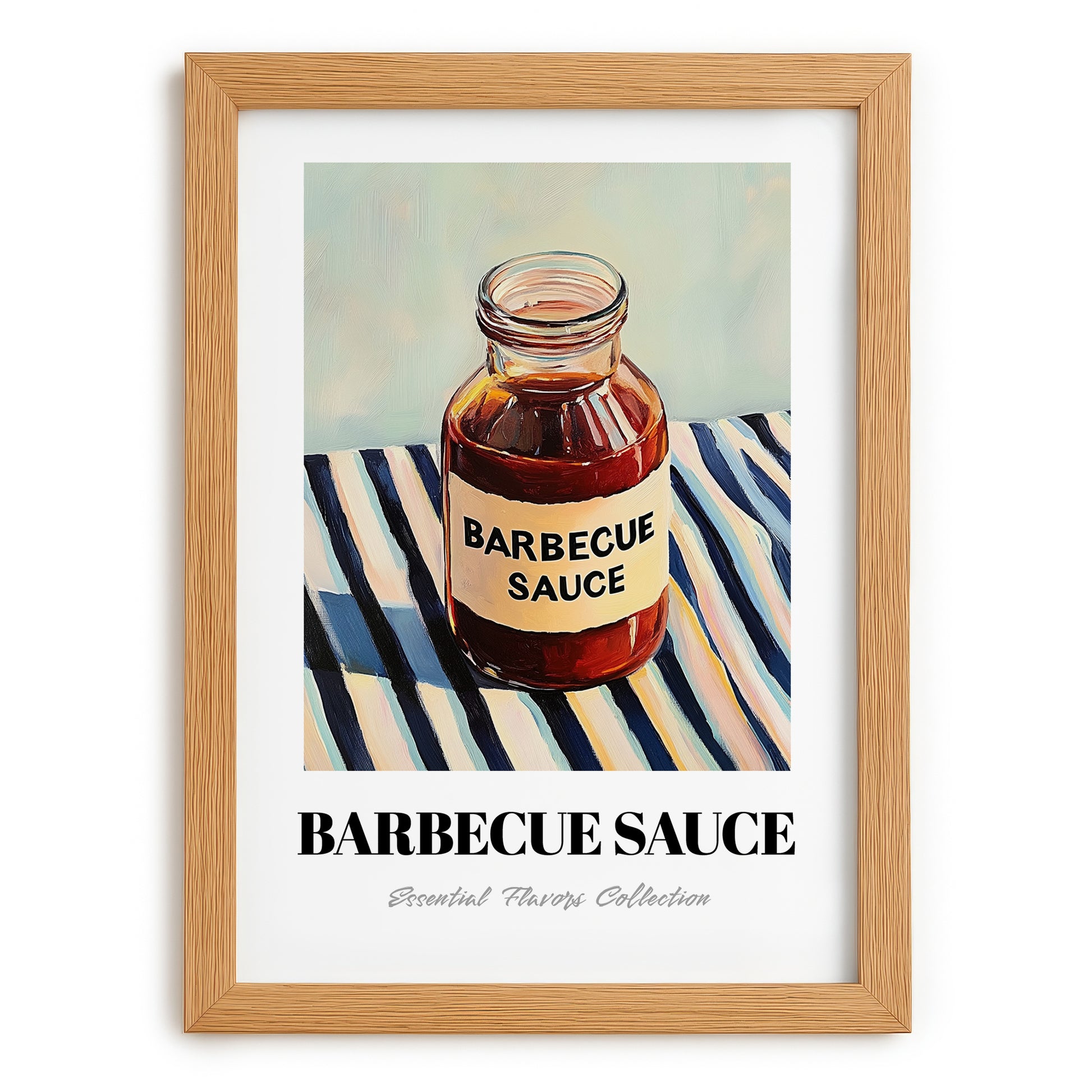 Barbecue Sauce – on Striped Tablecloth, Bbq Still Life, set in oak frame