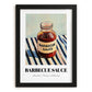Barbecue Sauce – on Striped Tablecloth, Bbq Still Life, in sleek black frame