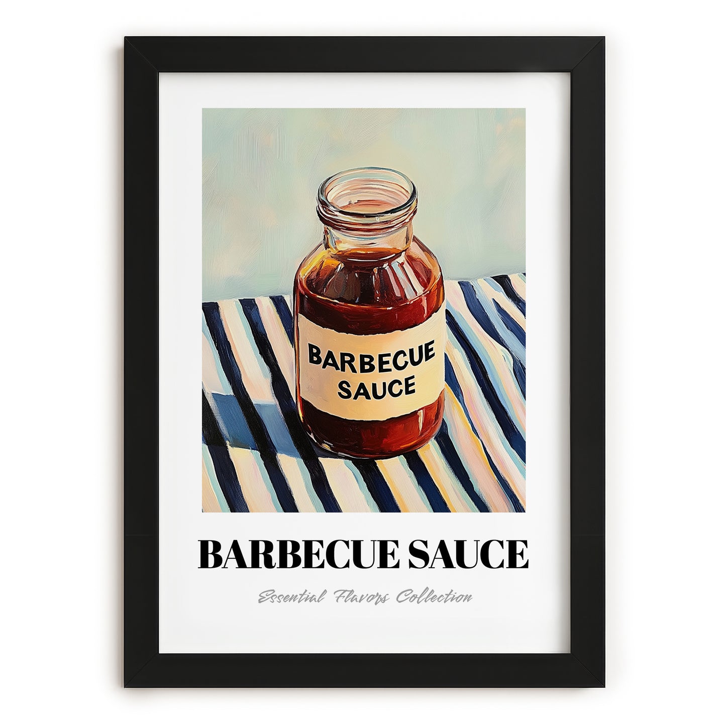 Barbecue Sauce – on Striped Tablecloth, Bbq Still Life, in sleek black frame