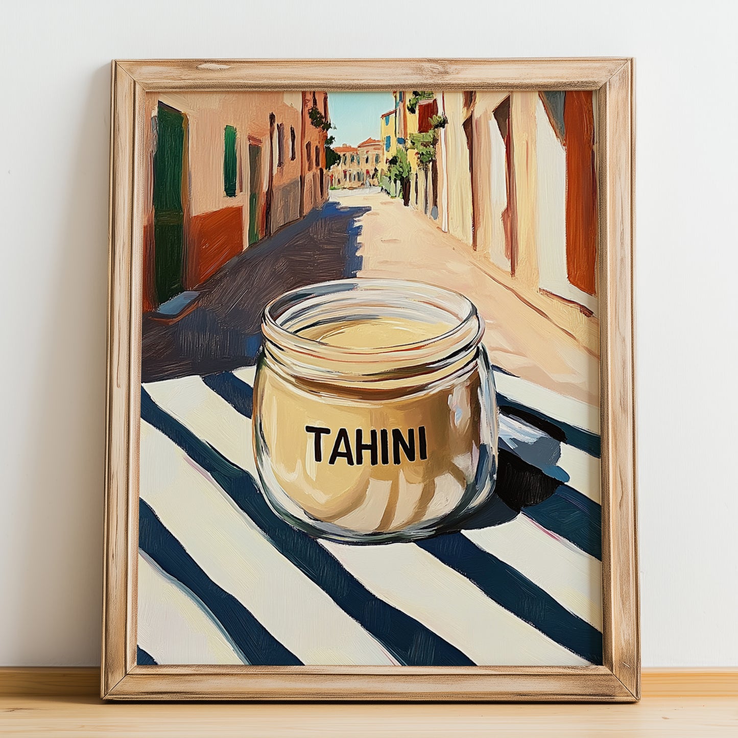 Tahini – Italian Street Café Scene, Kitchen Storage Wall Art, no-text version framed in wood