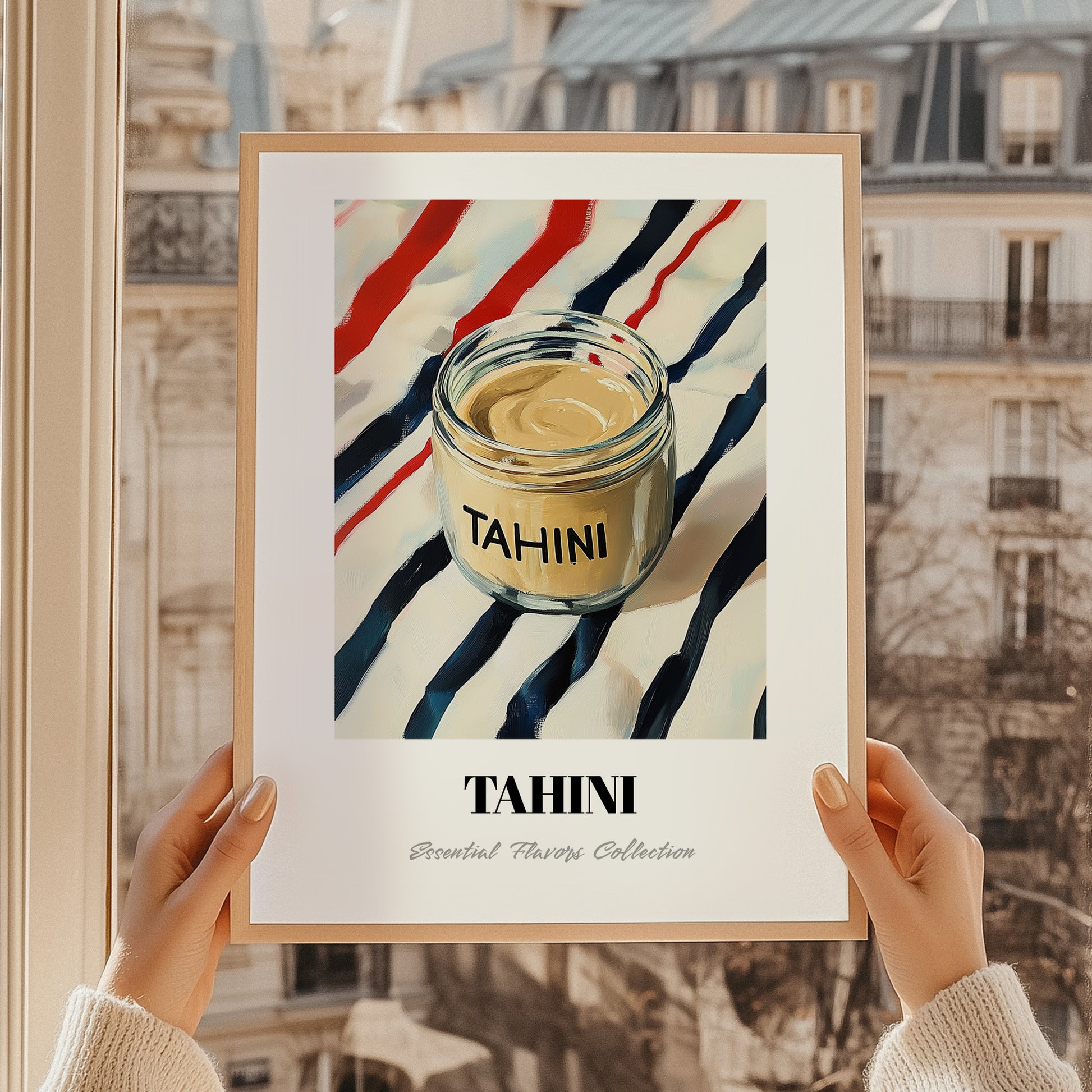 Tahini – on Striped Tablecloth, Grocery Wall Decor, styled in a charming Paris street view