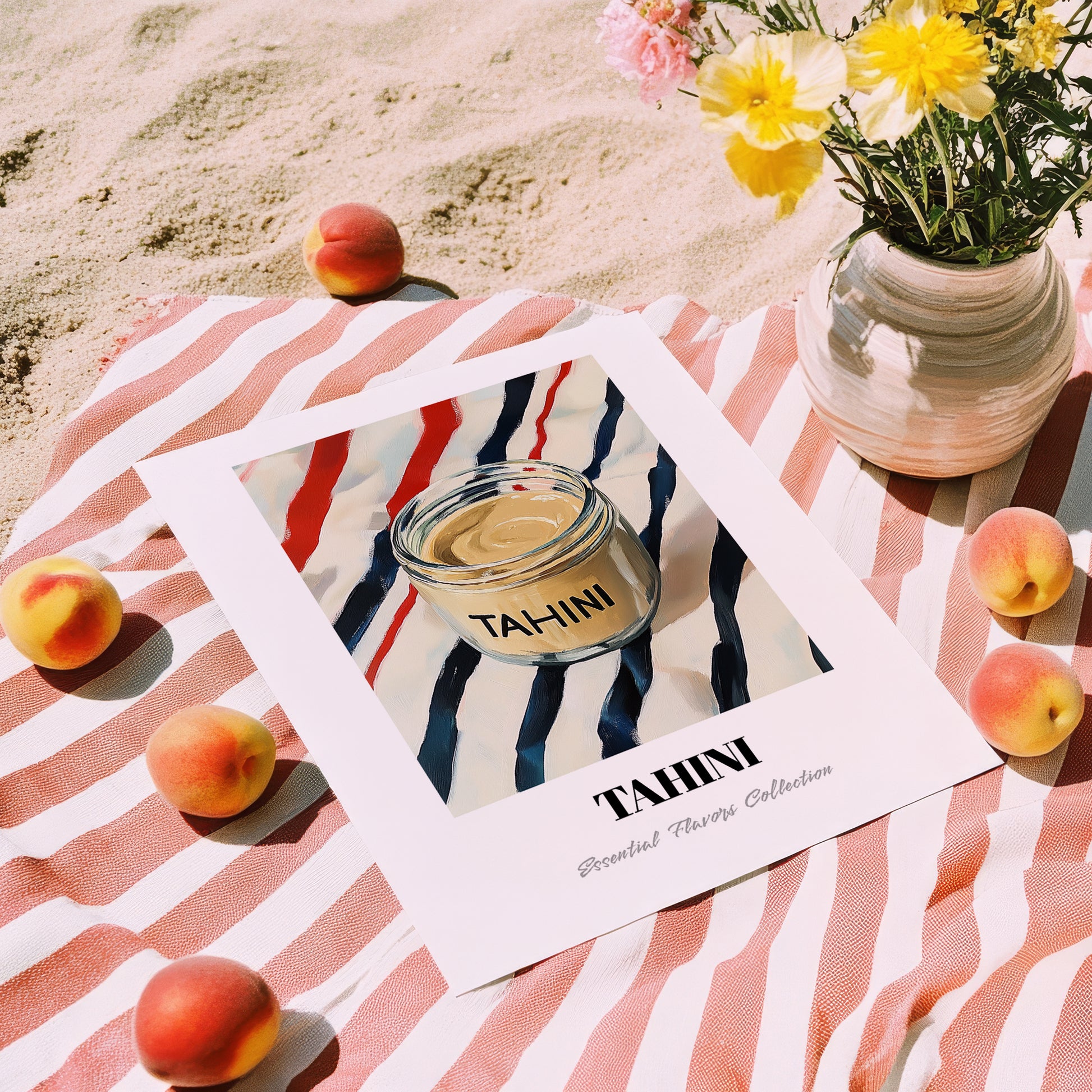 Tahini – on Striped Tablecloth, Grocery Wall Decor, unframed on coastal sand