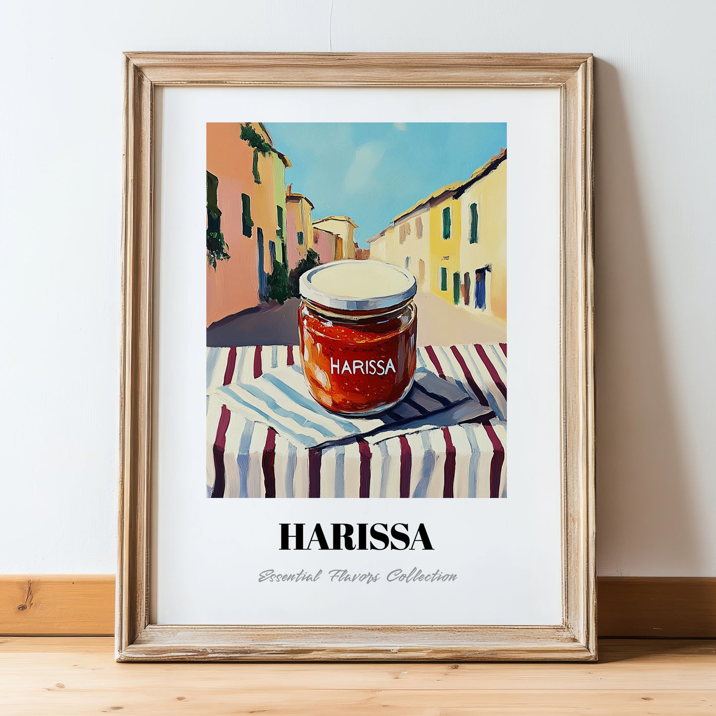 Harissa – Italian Urban Café Scene, Shelf Stock Wall Poster, in wooden frame leaning on the floor