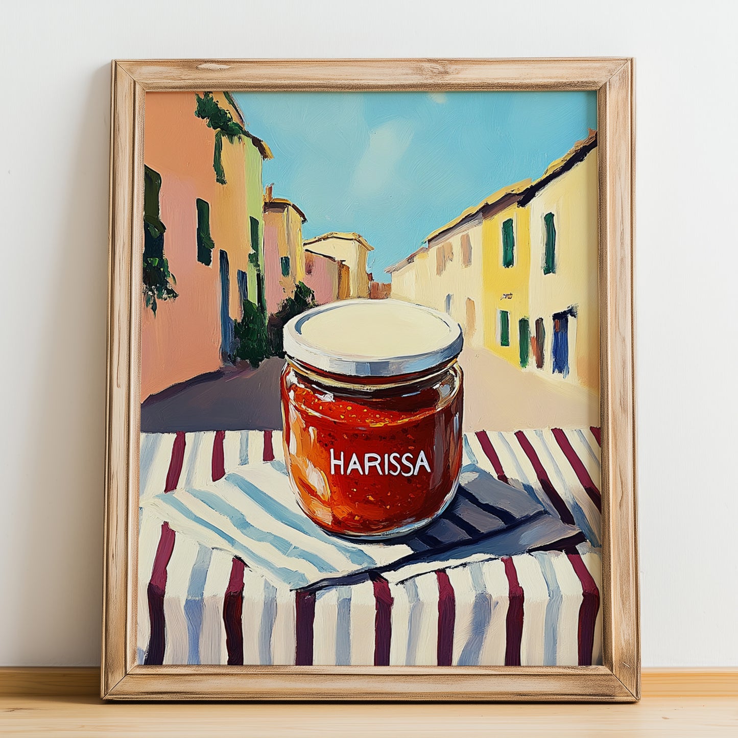 Harissa – Italian Urban Café Scene, Shelf Stock Wall Poster, no-text version framed in wood