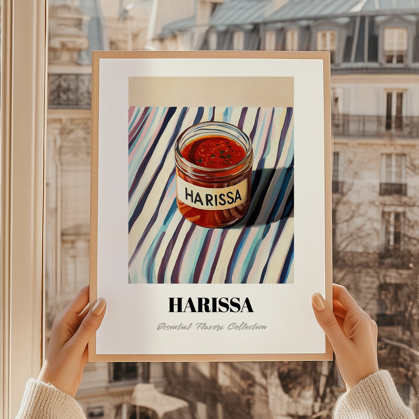 Harissa – on Striped Tablecloth, Pantry Wall Decor, styled in a charming Paris street view