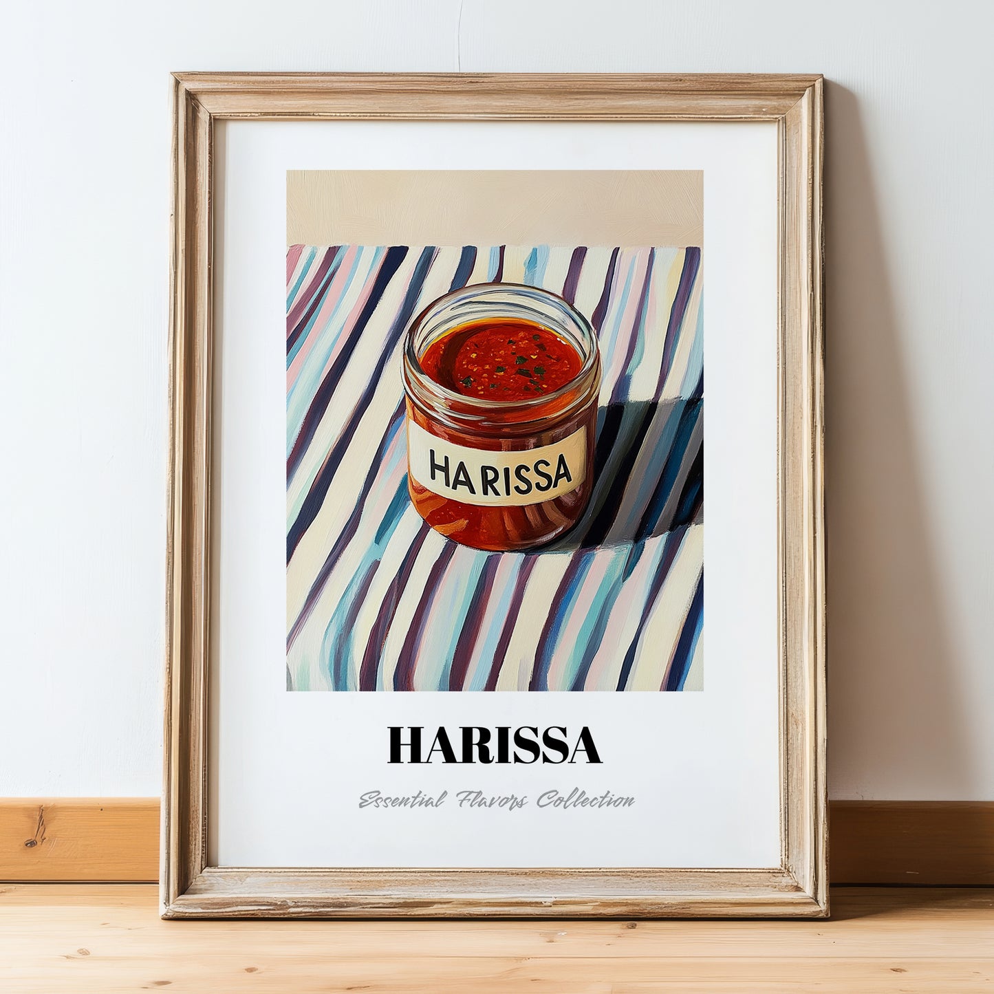 Harissa – on Striped Tablecloth, Pantry Wall Decor, in wooden frame leaning on the floor
