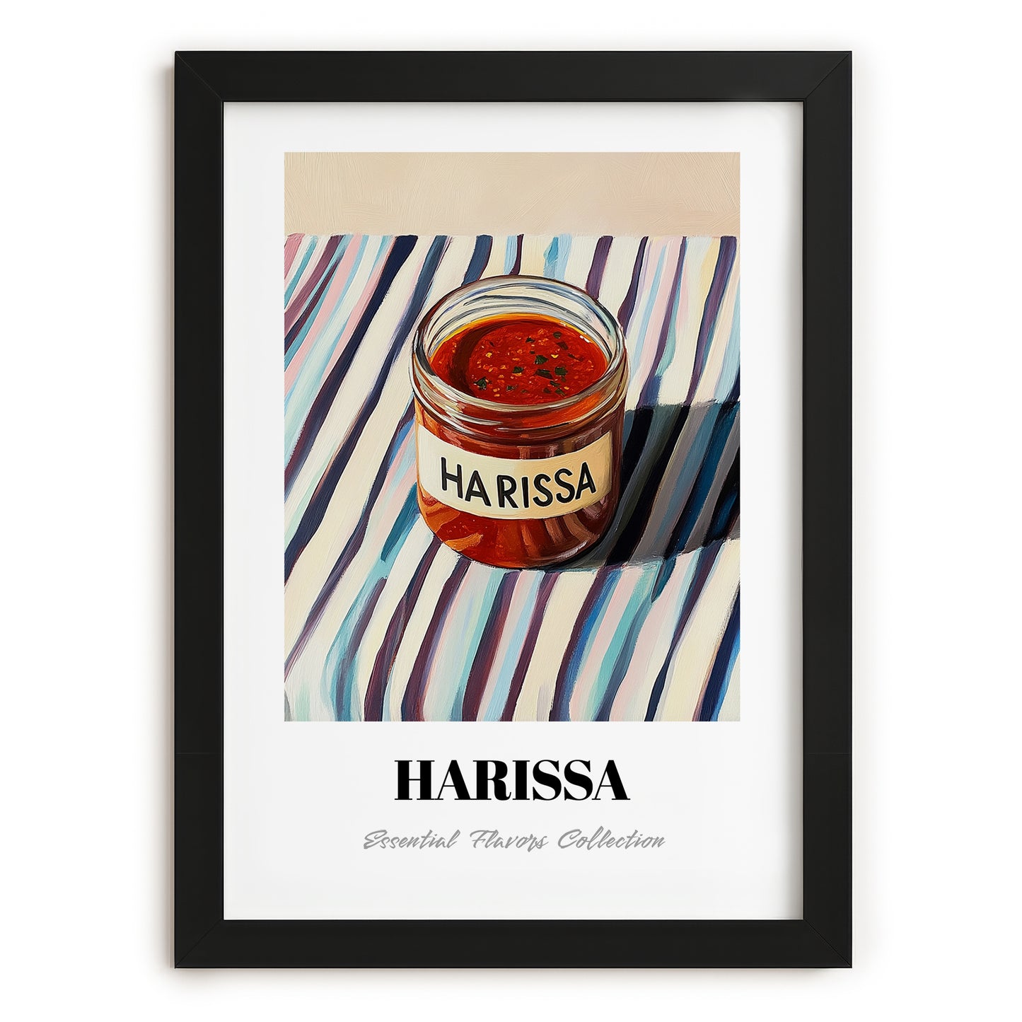 Harissa – on Striped Tablecloth, Pantry Wall Decor, in sleek black frame