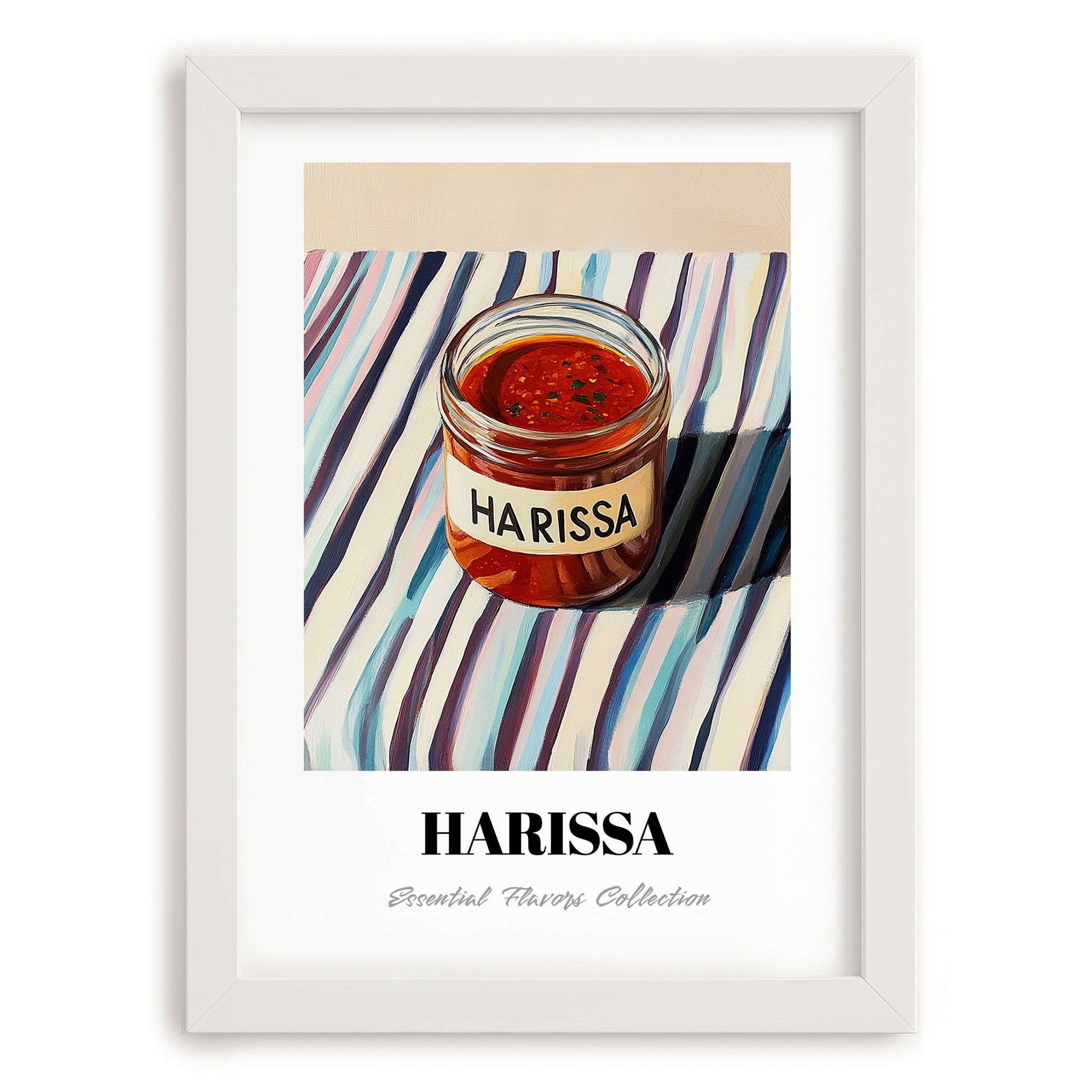 Harissa – on Striped Tablecloth, Pantry Wall Decor, placed in minimal white frame