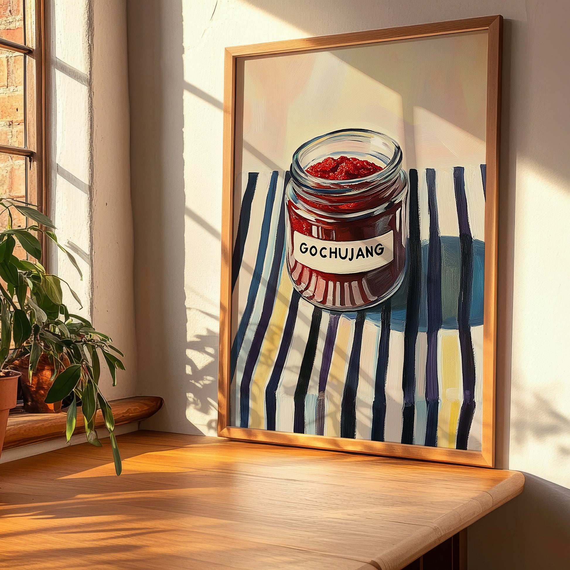 Gochujang – on Striped Tablecloth, Pantry Wall Art, clean layout with no caption