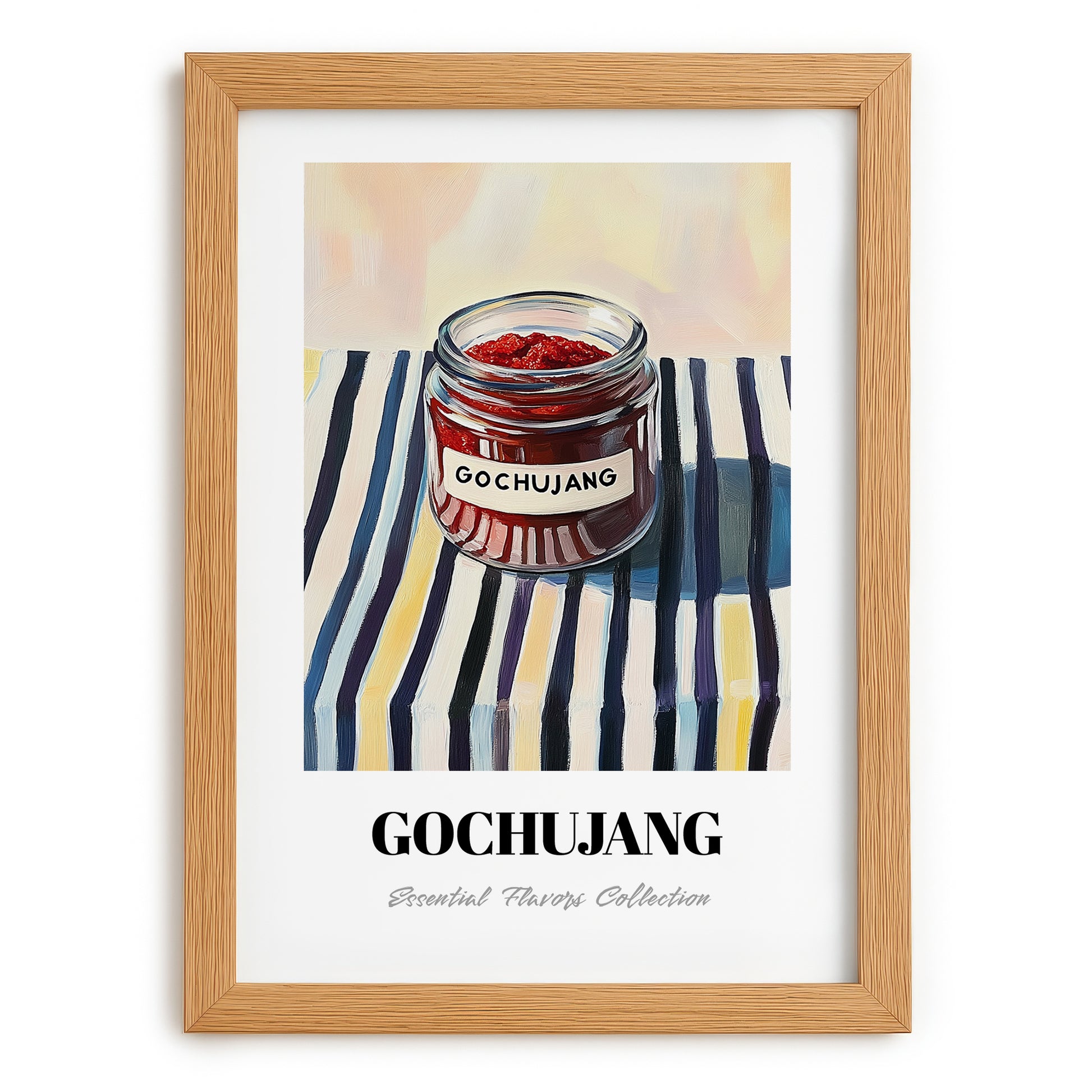 Gochujang – on Striped Tablecloth, Pantry Wall Art, set in oak frame