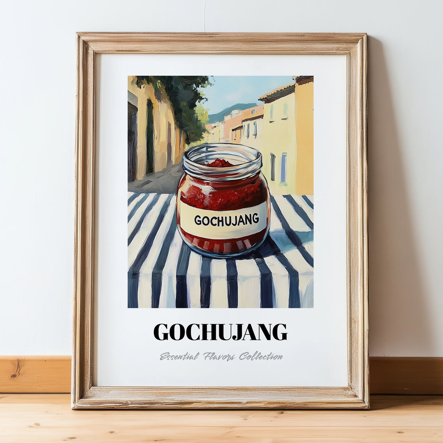 Gochujang – Italian Outdoor Café Scene, Dry Goods Wall Decor, in wooden frame leaning on the floor