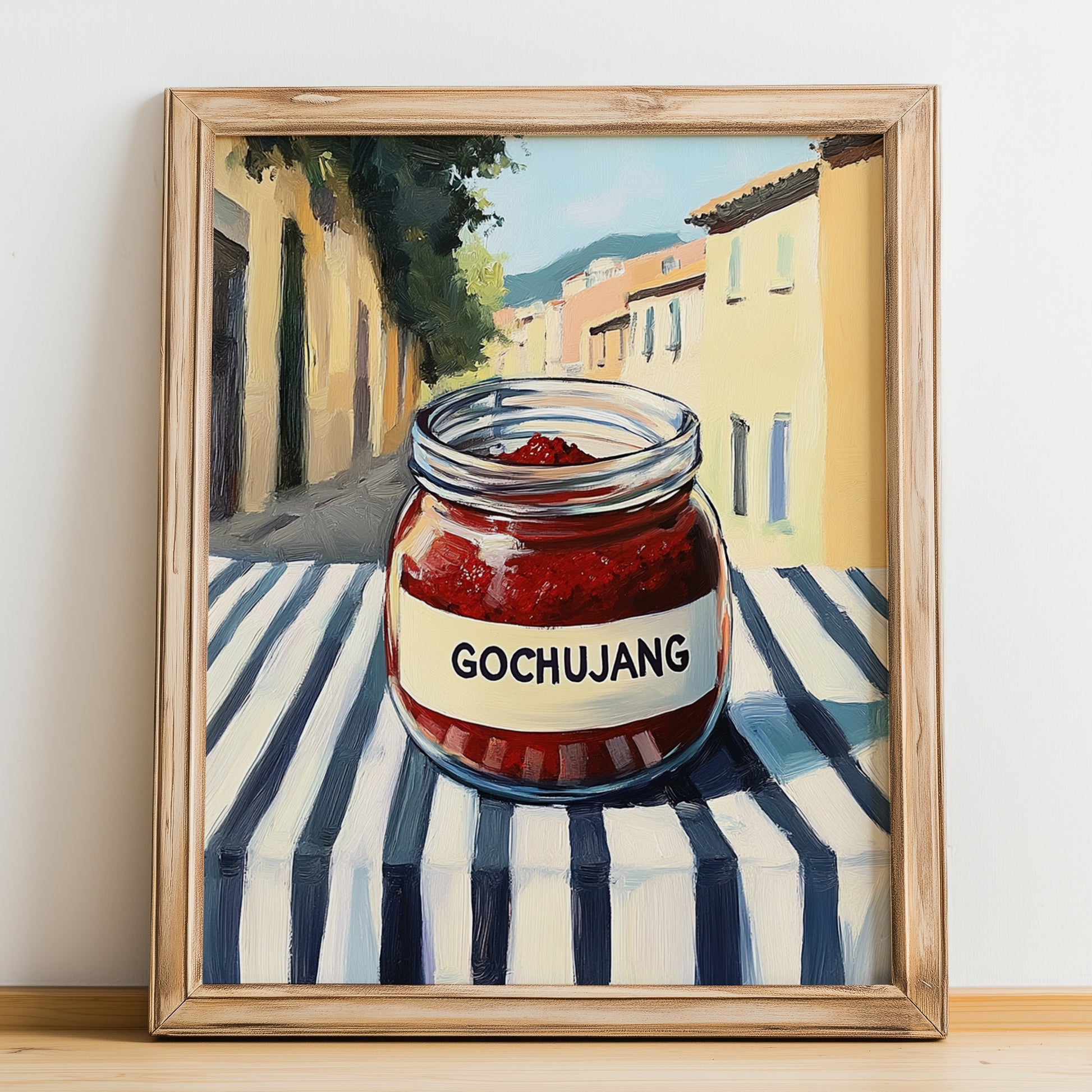 Gochujang – Italian Outdoor Café Scene, Dry Goods Wall Decor, no-text version framed in wood
