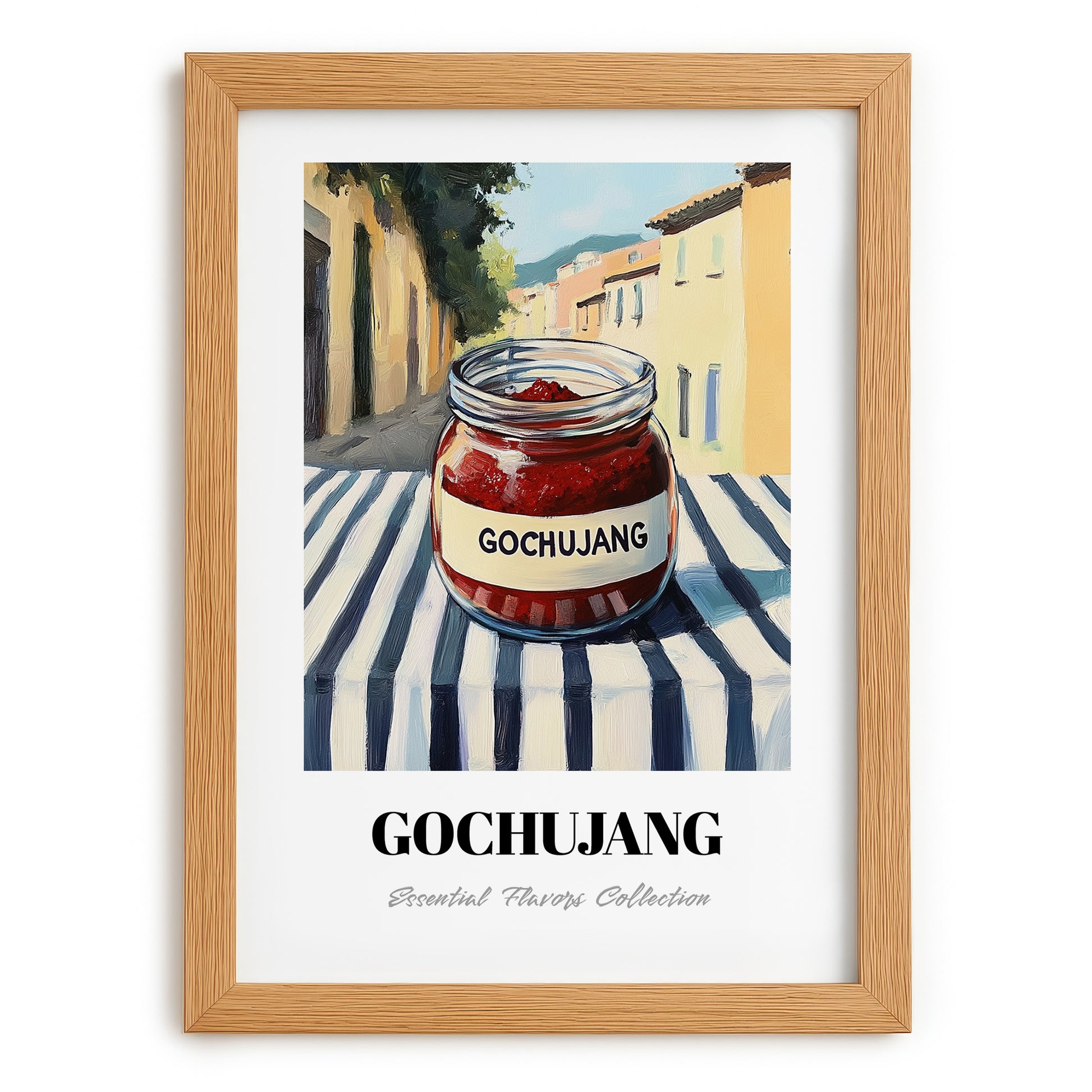 Gochujang – Italian Outdoor Café Scene, Dry Goods Wall Decor, set in oak frame