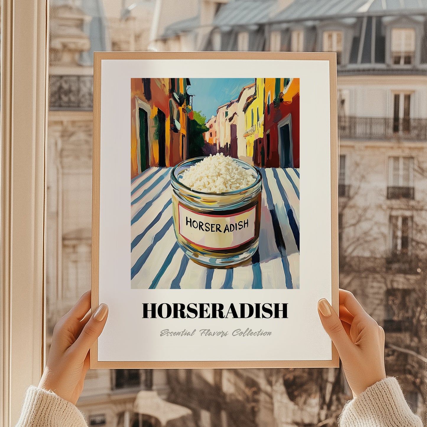 Horseradish – Italian Street Café Scene, Grocery Still Life, styled in a charming Paris street view