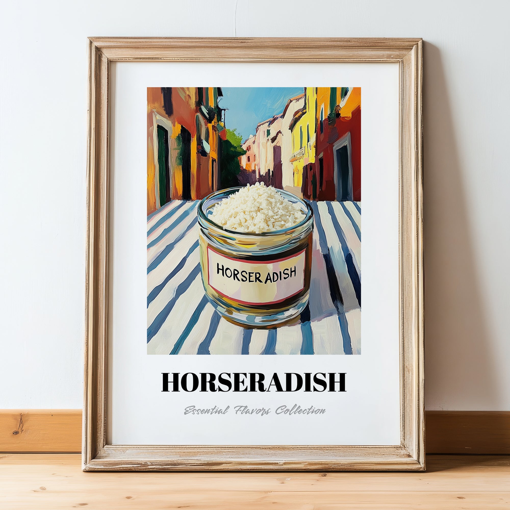 Horseradish – Italian Street Café Scene, Grocery Still Life, in wooden frame leaning on the floor