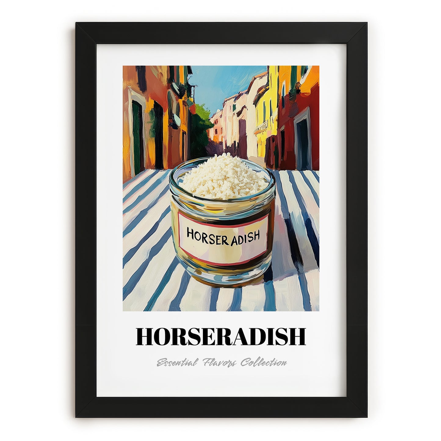 Horseradish – Italian Street Café Scene, Grocery Still Life, in sleek black frame