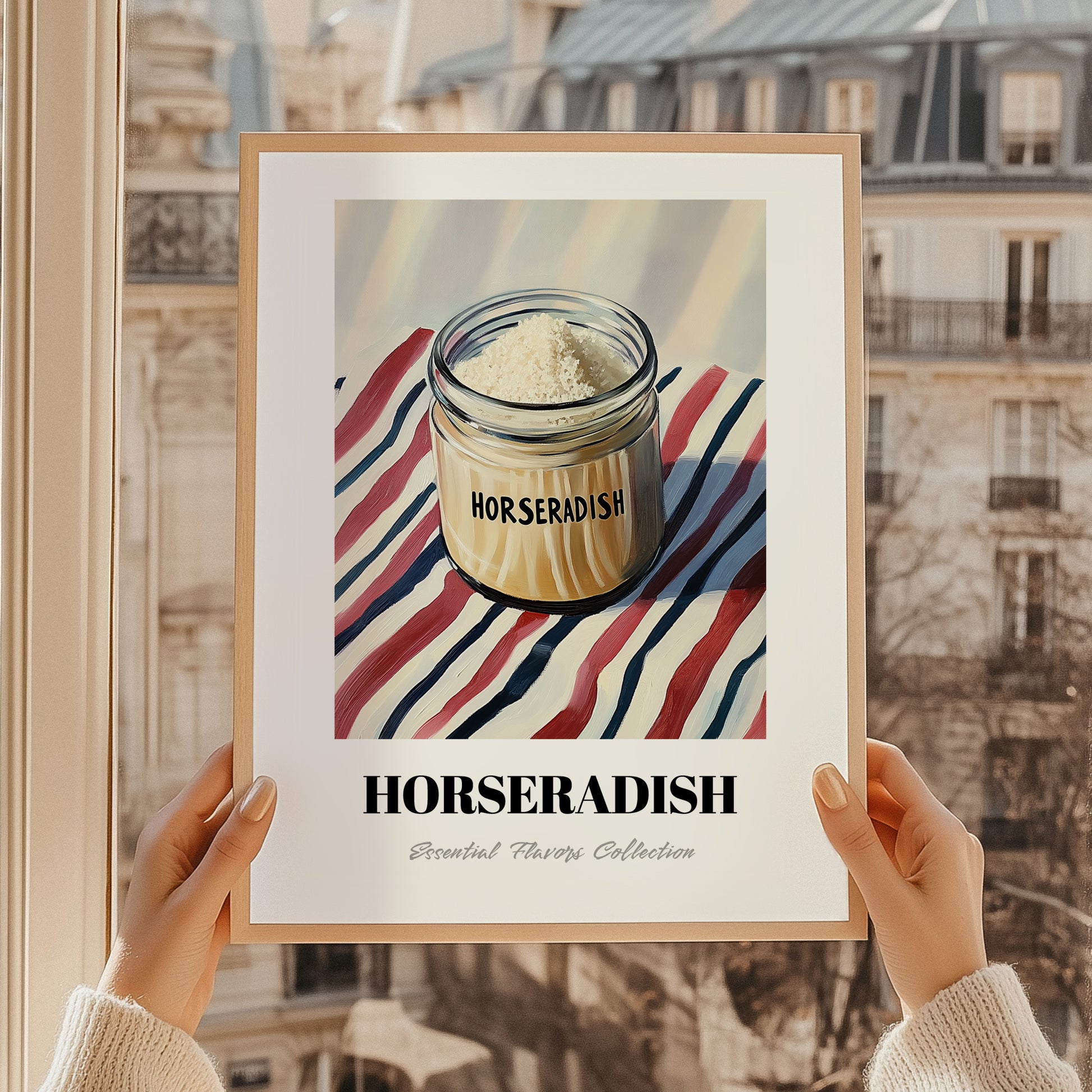 Horseradish – on Striped Tablecloth, Kitchen Storage Wall Decor, styled in a charming Paris street view