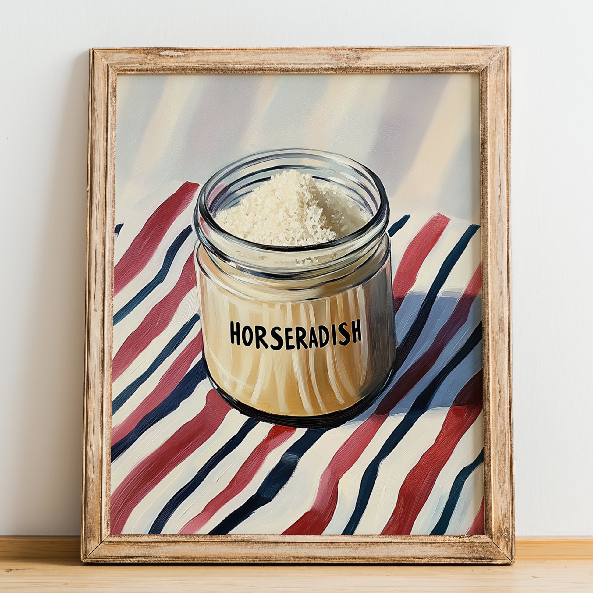 Horseradish – on Striped Tablecloth, Kitchen Storage Wall Decor, no-text version framed in wood