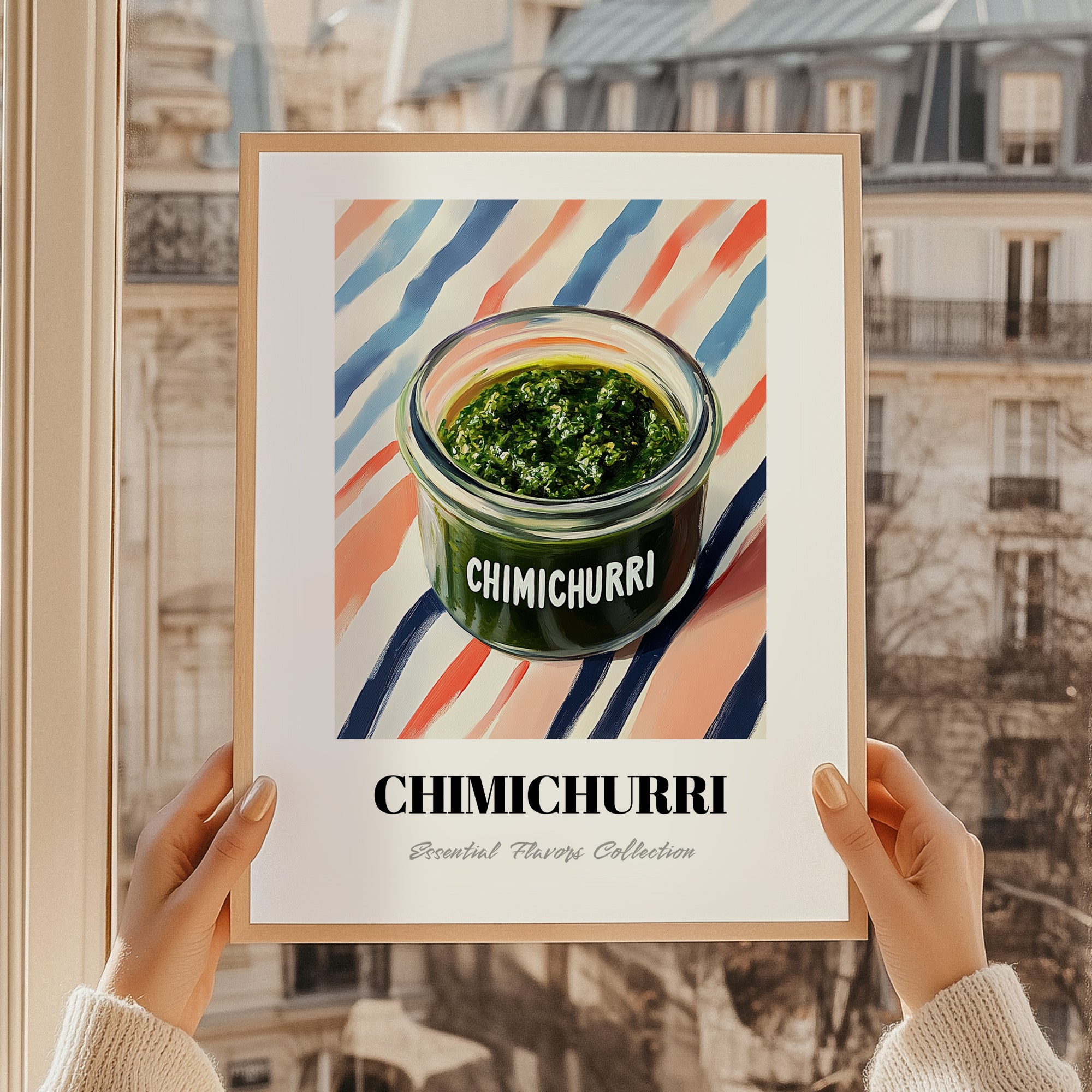 Chimichurri – on Striped Tablecloth, Kitchen Storage Wall Poster, styled in a charming Paris street view