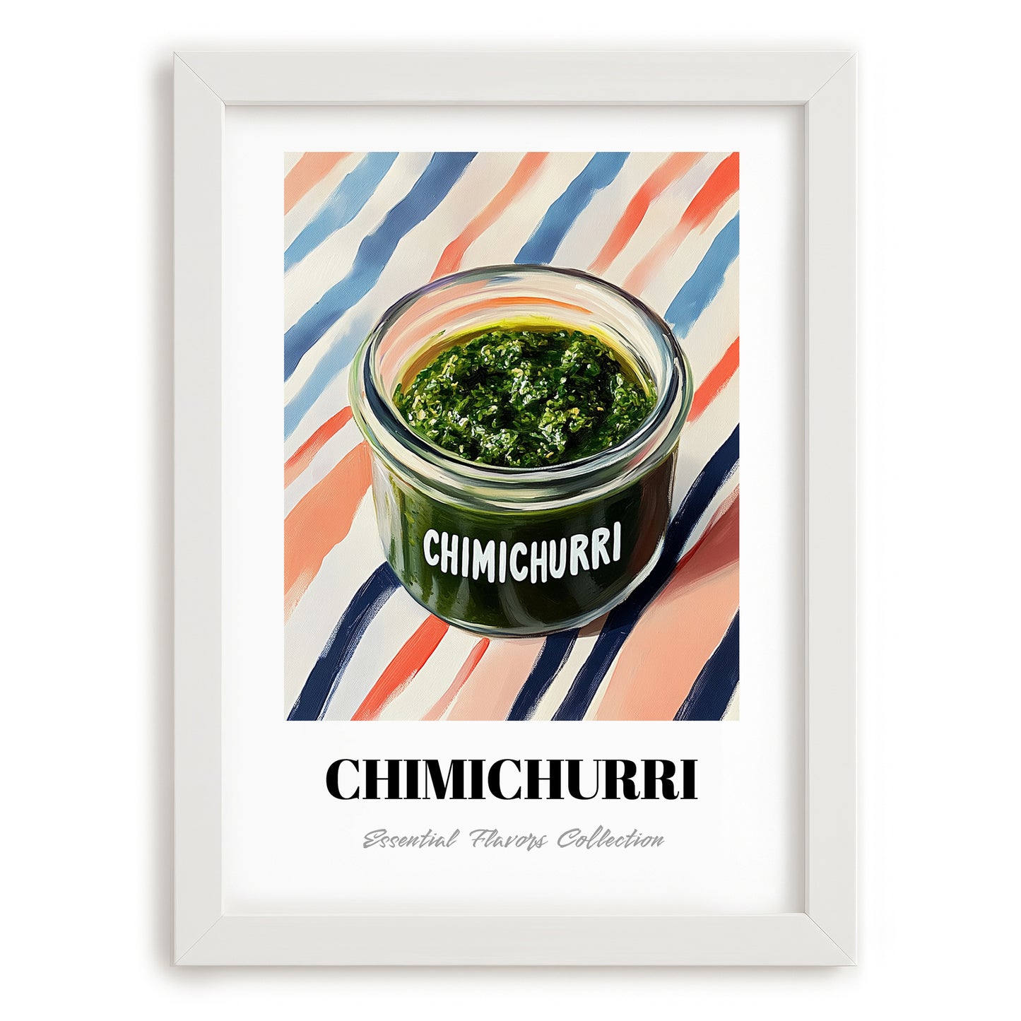 Chimichurri – on Striped Tablecloth, Kitchen Storage Wall Poster, placed in minimal white frame