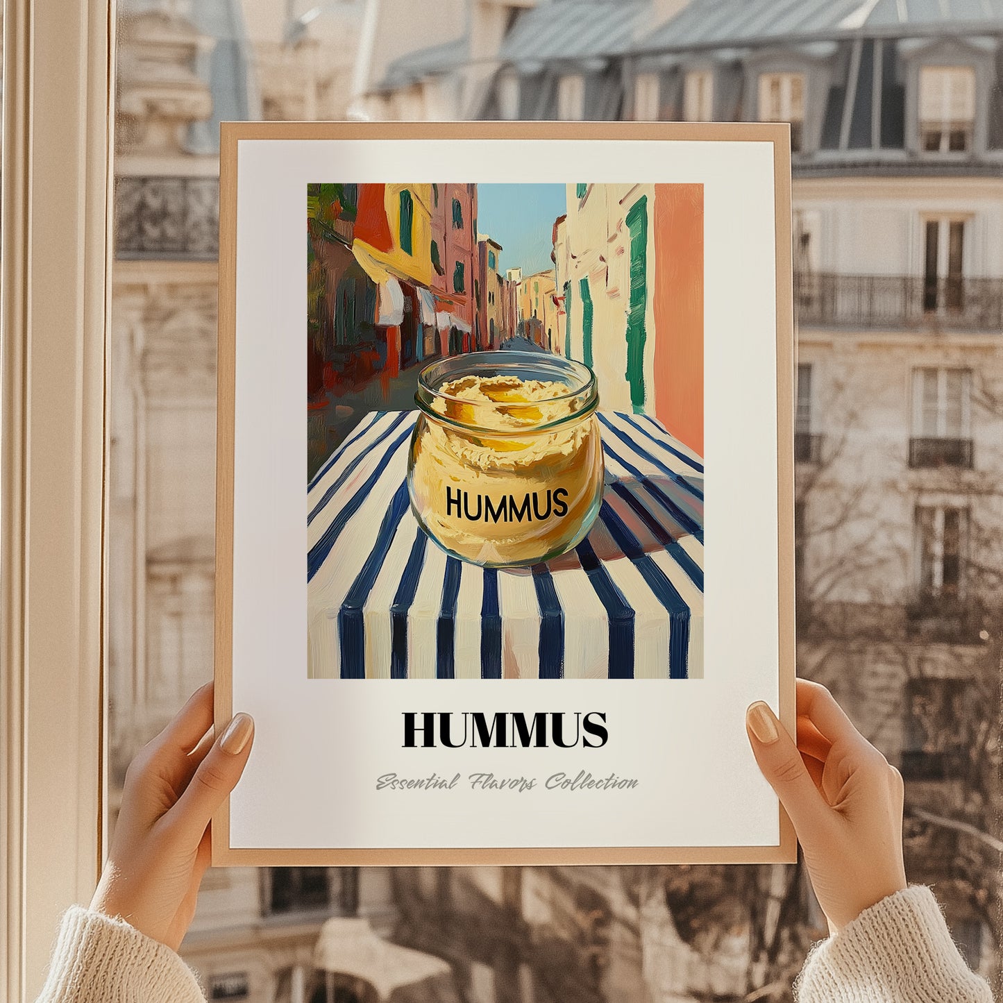 Hummus – Italian Street Café Scene, Pantry Poster, styled in a charming Paris street view
