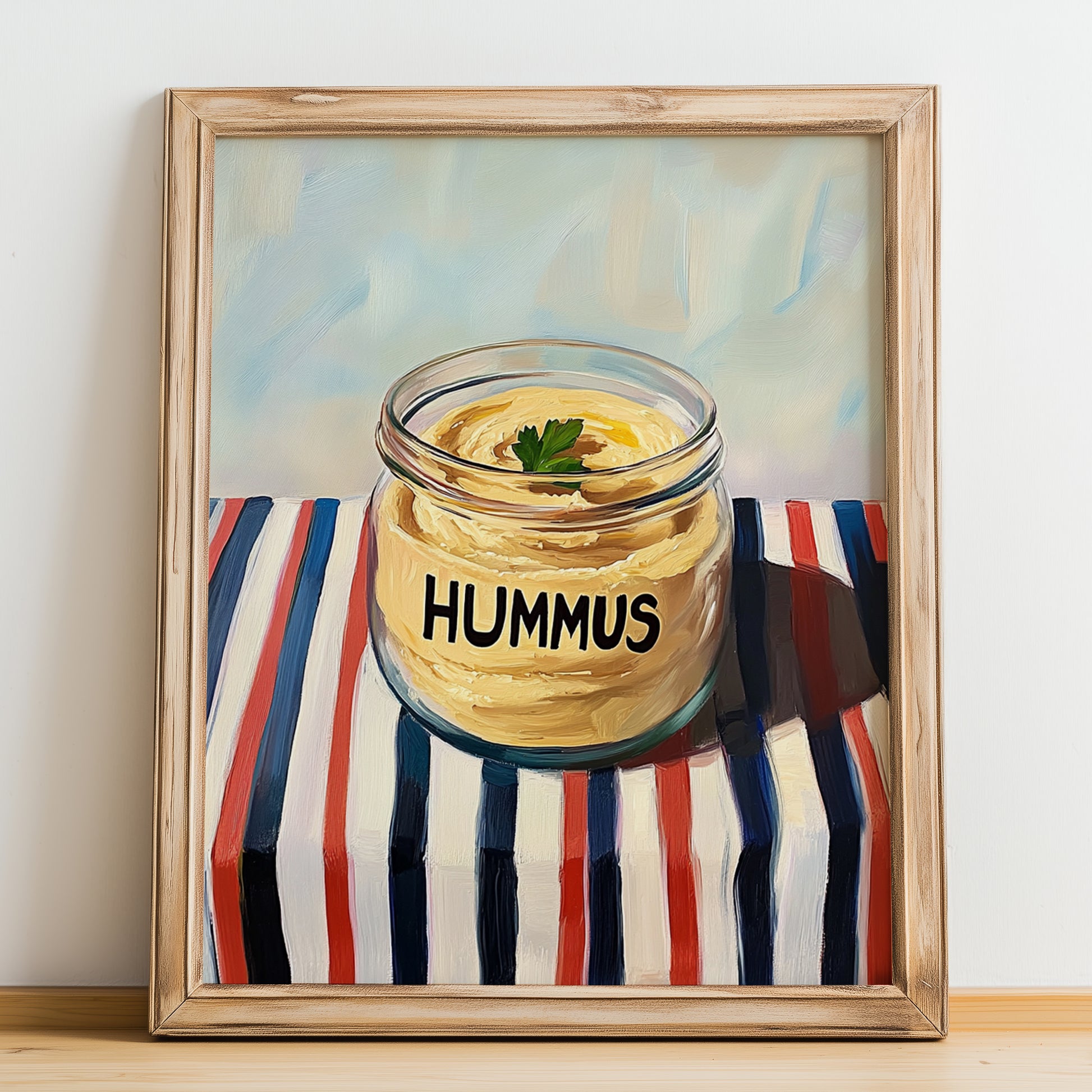 Hummus – on Striped Tablecloth, Pantry Painting, no-text version framed in wood