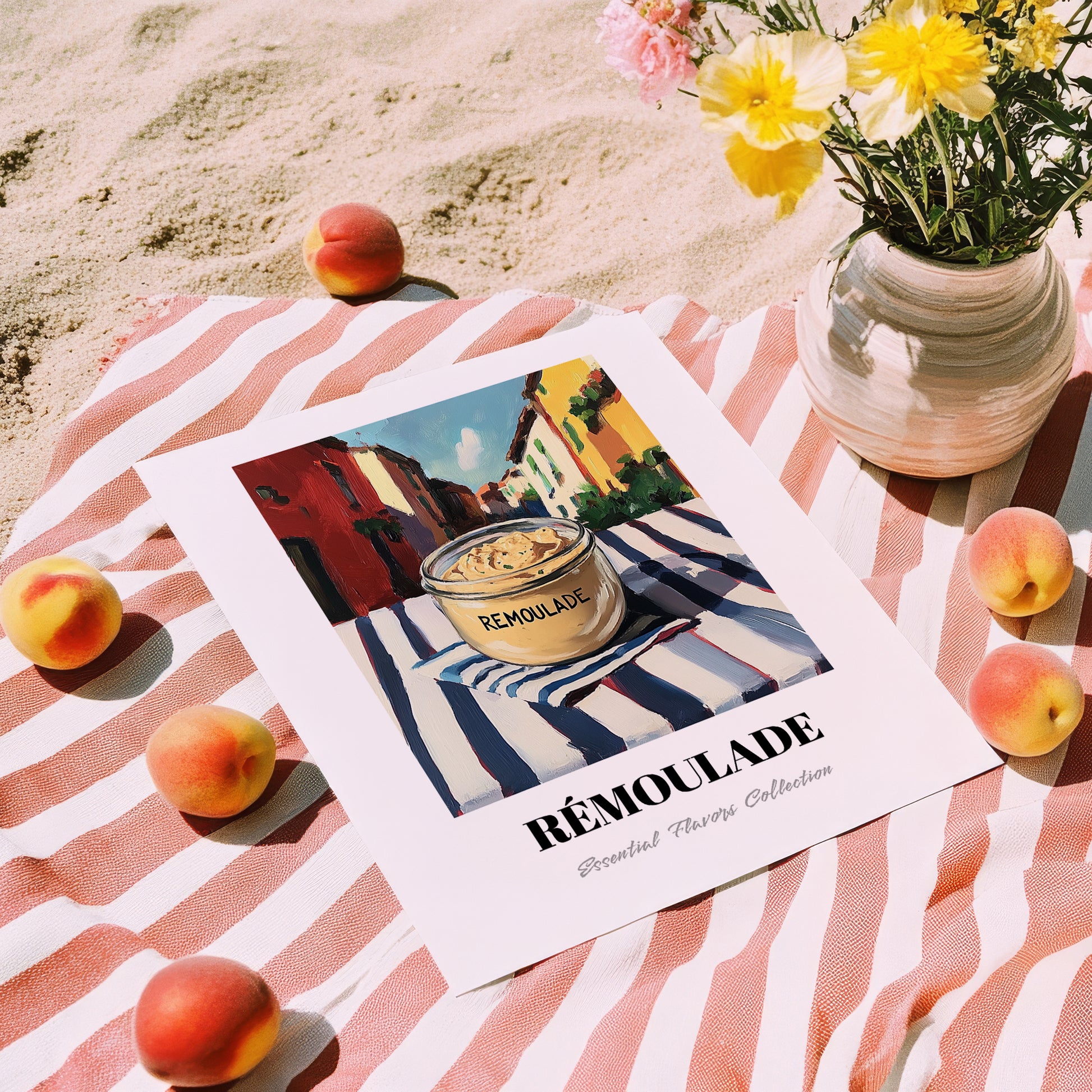 Remoulade – Italian Street Café Scene, Dry Goods Wall Decor, unframed on coastal sand